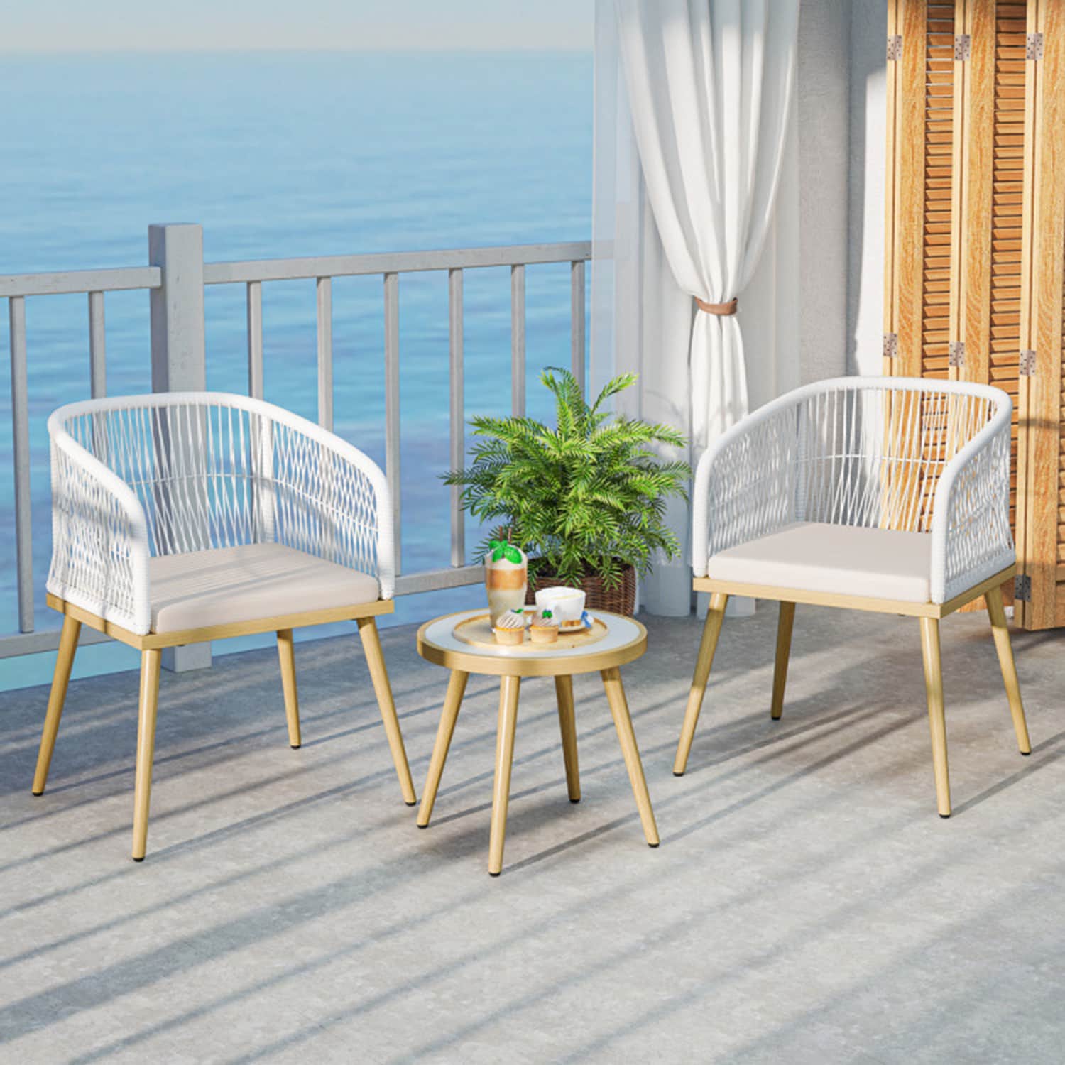 Mondawe MO-NP12006WH 3 -Piece Rattan Patio Conversation Set with Off-white Cushions