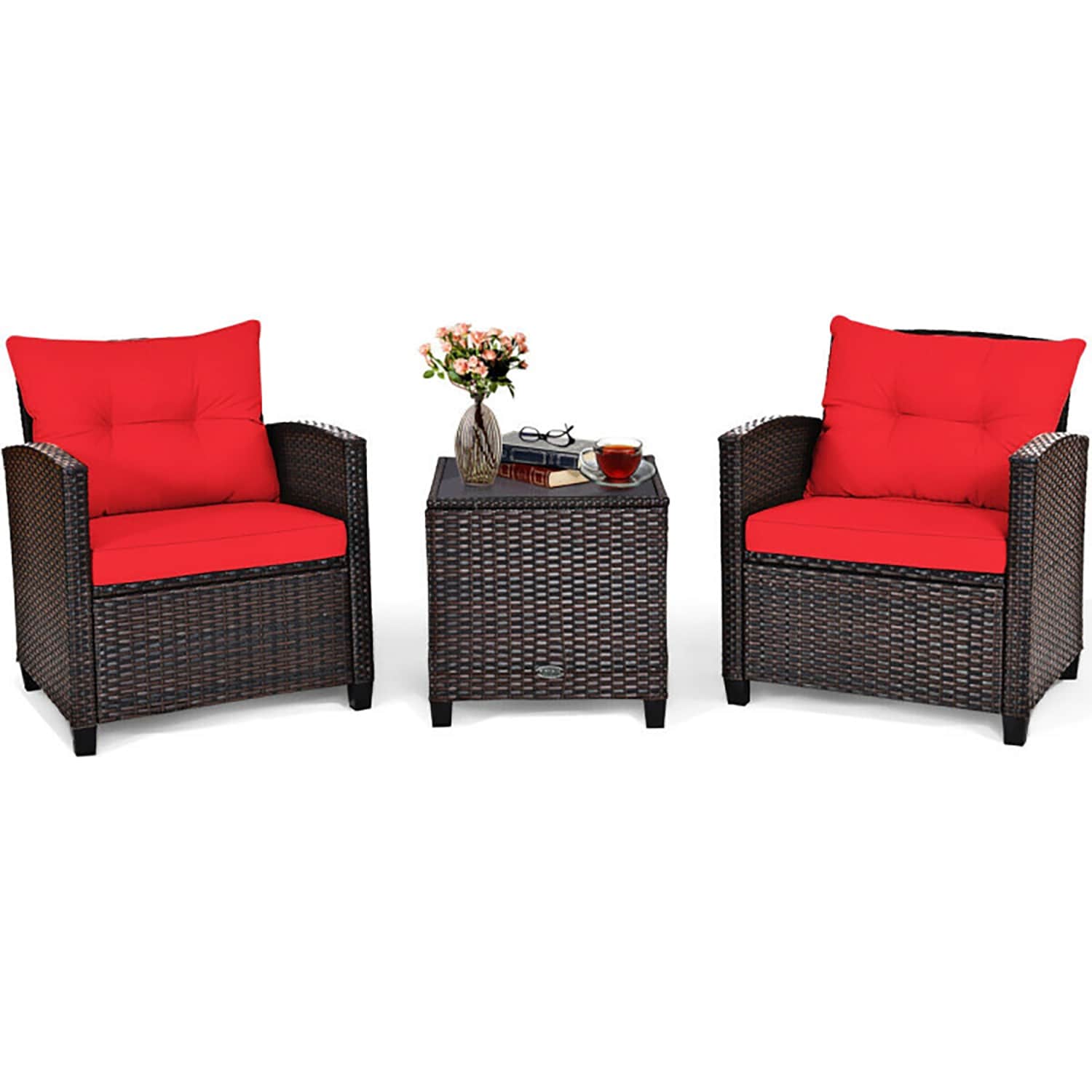 GZMR GZW68667RE 3 -Piece Rattan Patio Conversation Set with Brown Cushions