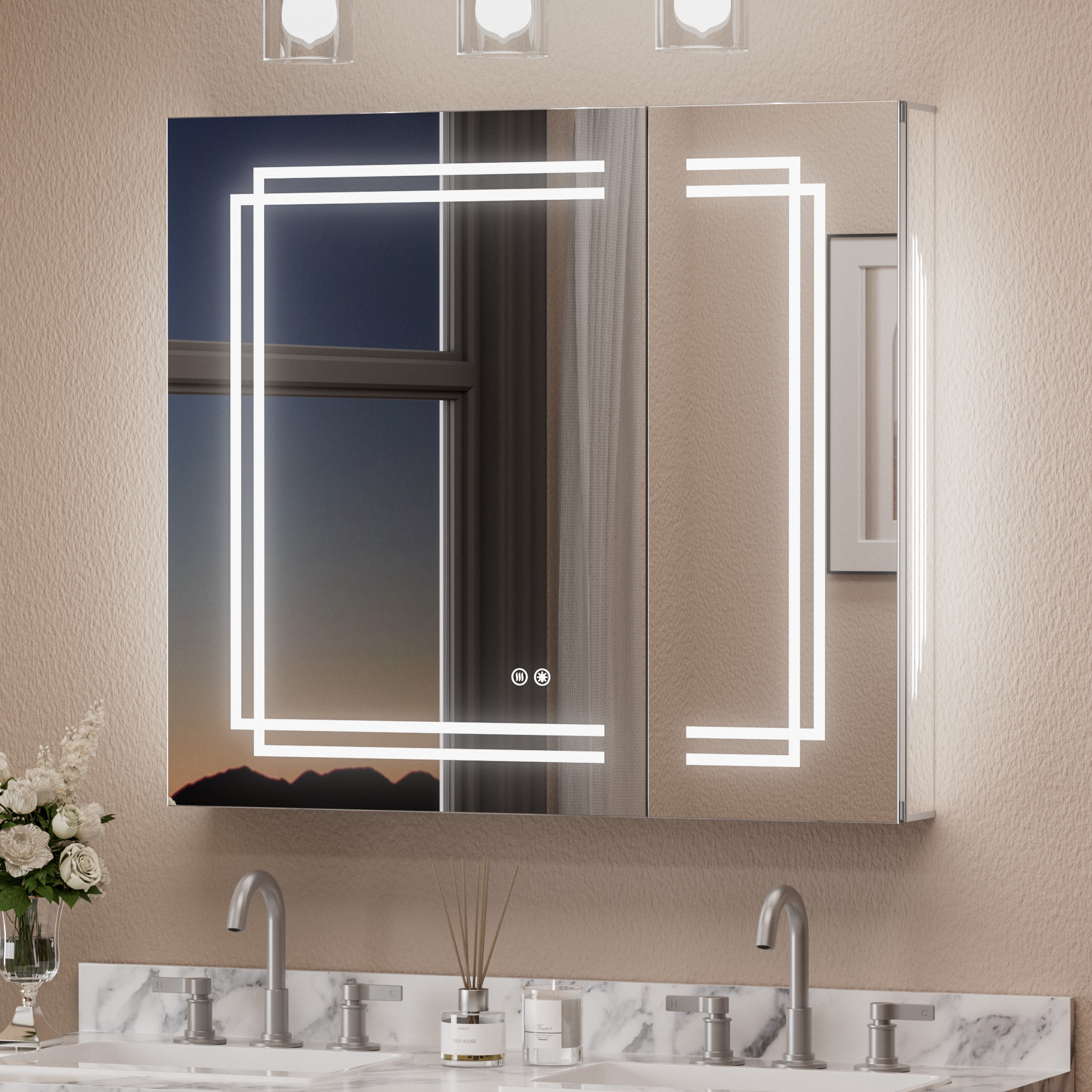 Keonjinn LW-JG-ZCG-9181SI 36-in x 32-in Lighted LED Fog Free Surface Mount Silver Mirrored Rectangle Soft Close Medicine Cabinet