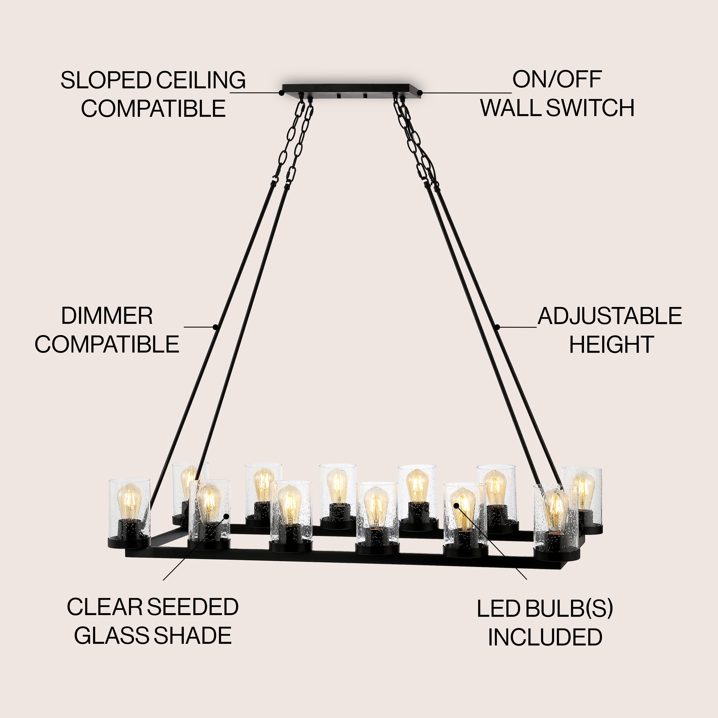 Athos 45.5" 12-Light Black Iron Rustic Farmhouse Chandelier