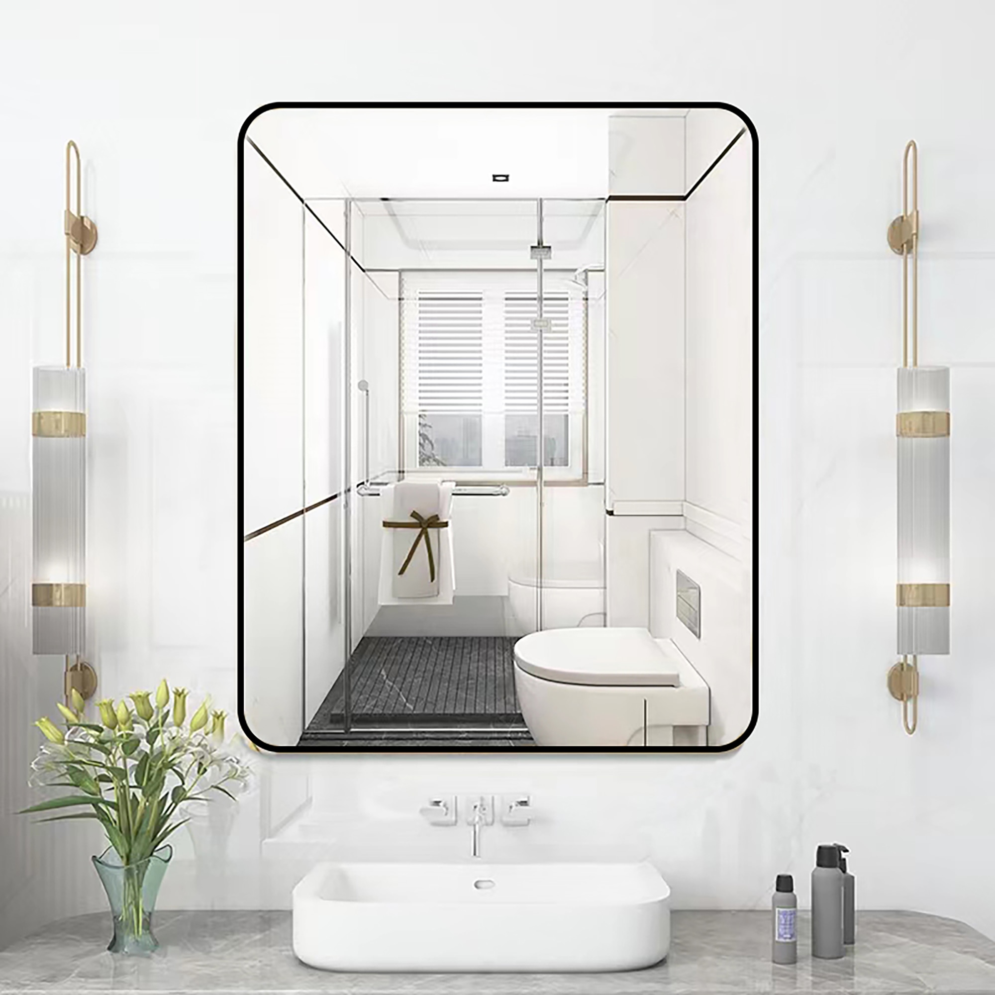 WELLFOR ALMR-29 24-Inches x 36-Inches Framed Rectangle Bathroom Vanity Mirror ( Black )