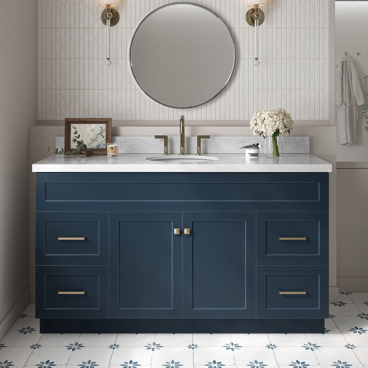 ARIEL F061SCWOVOMNB Hamlet 61-in Midnight Blue Undermount Single sink Bathroom Vanity with Carrara White Marble Marble Top