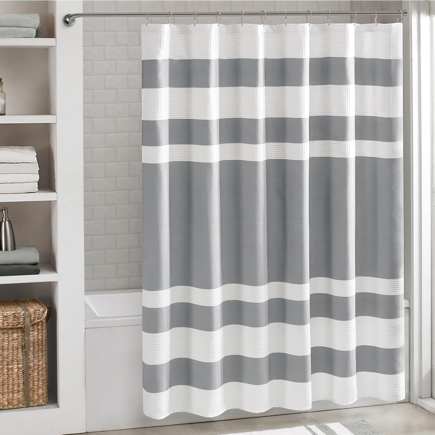 Paradigms Interiors Grey Waffle Weave Striped Pieced Design Shower Curtain 72x72 Inches with Advanced Moisture Management Spa Quality Fabric #514068521426