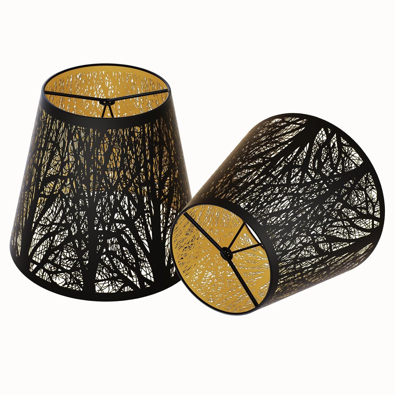 Alucset Barrel Metal Lamp Shade Clip On Bulb Style for Candelabra Bulbs 4x7x6 Inch Black with Gold Interior Set of 2