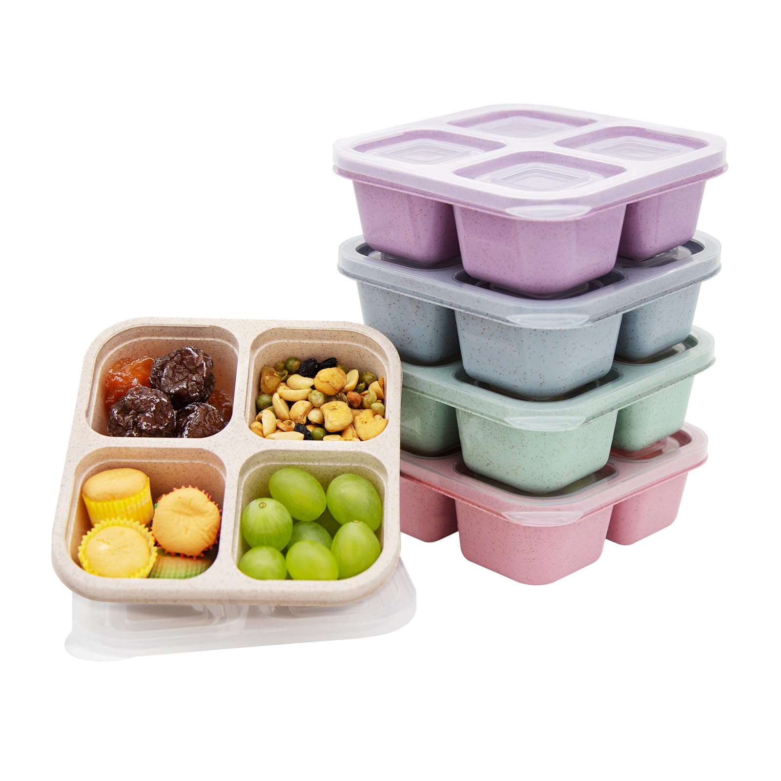 DHMHD  5 Pack Bento Lunch Box with Four Compartments Divided Snack Containers for Kids Toddlers Adults Food Storage for School Work Travel