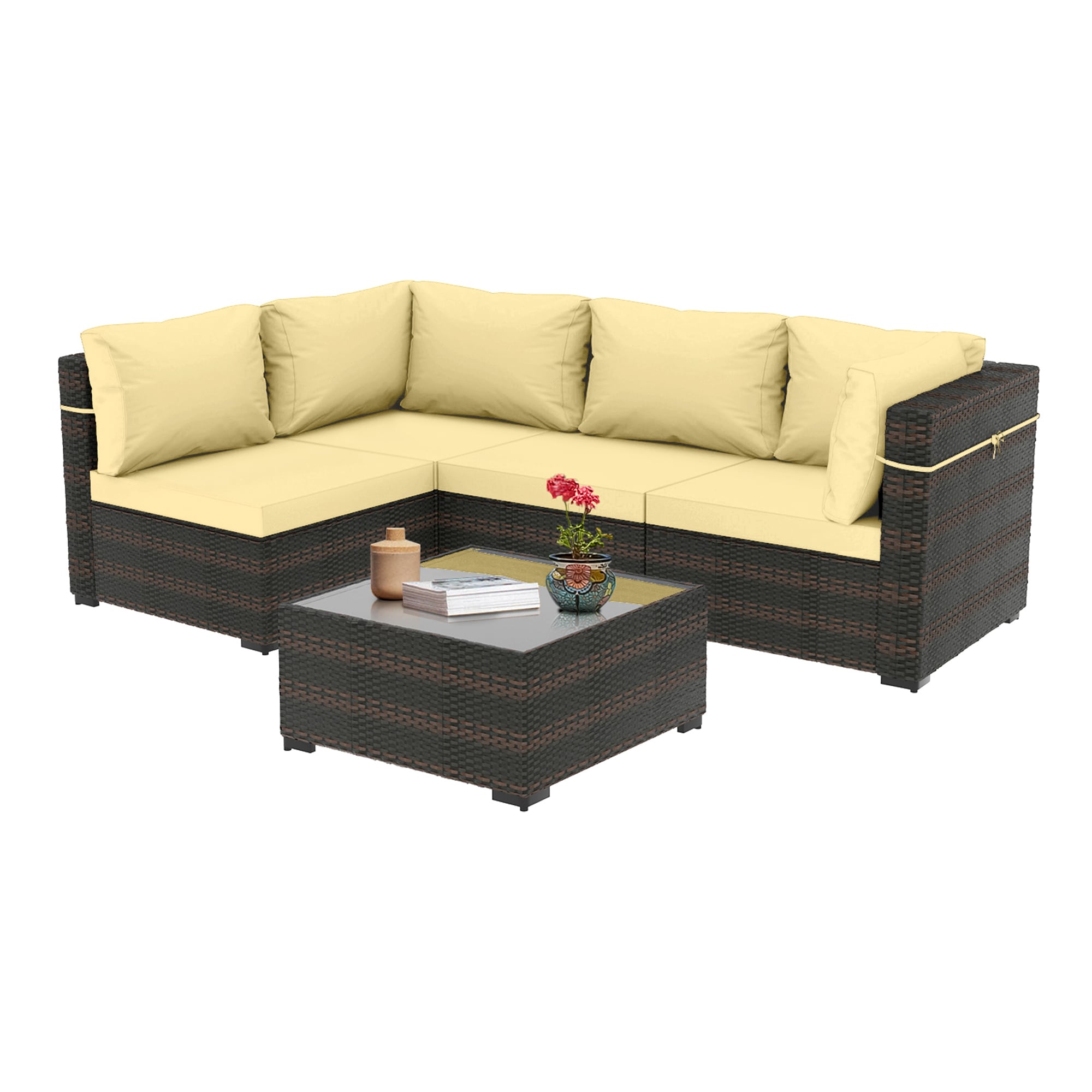 UPHA Wicker Patio conversation set 5 -Piece Wicker 4 Patio Sofa Conversation Set with Yellow Cushions
