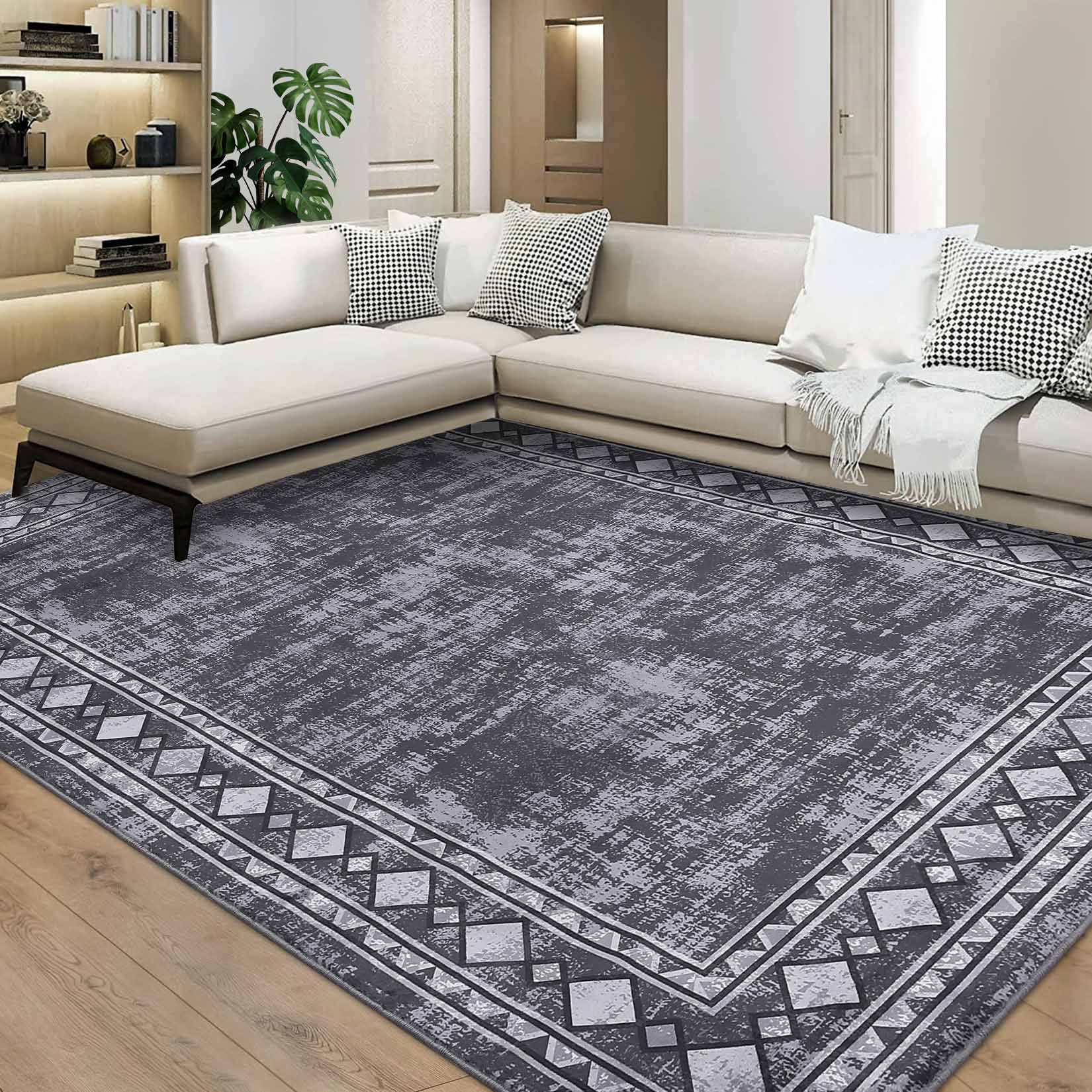 Garvee YXY-LO-PHO-16N7FJ5R 9 x 12 (ft) Loomed Polyester Gray Rectangular Indoor Border Mid-Century Modern Machine washable Area rug