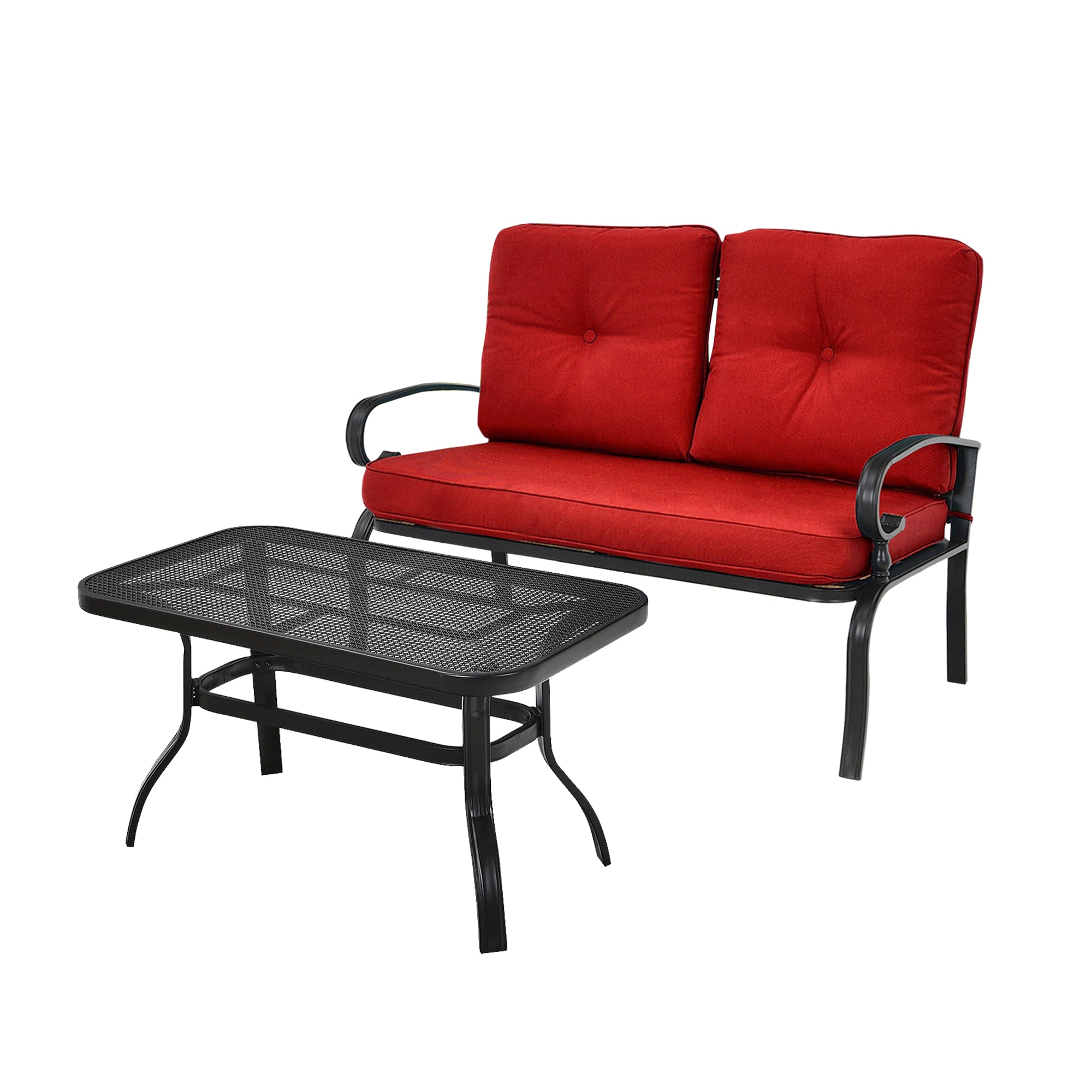 WELLFOR TDJ10179RE CW Loveseat and Table 2 -Piece Patio Conversation Set with Red Cushions