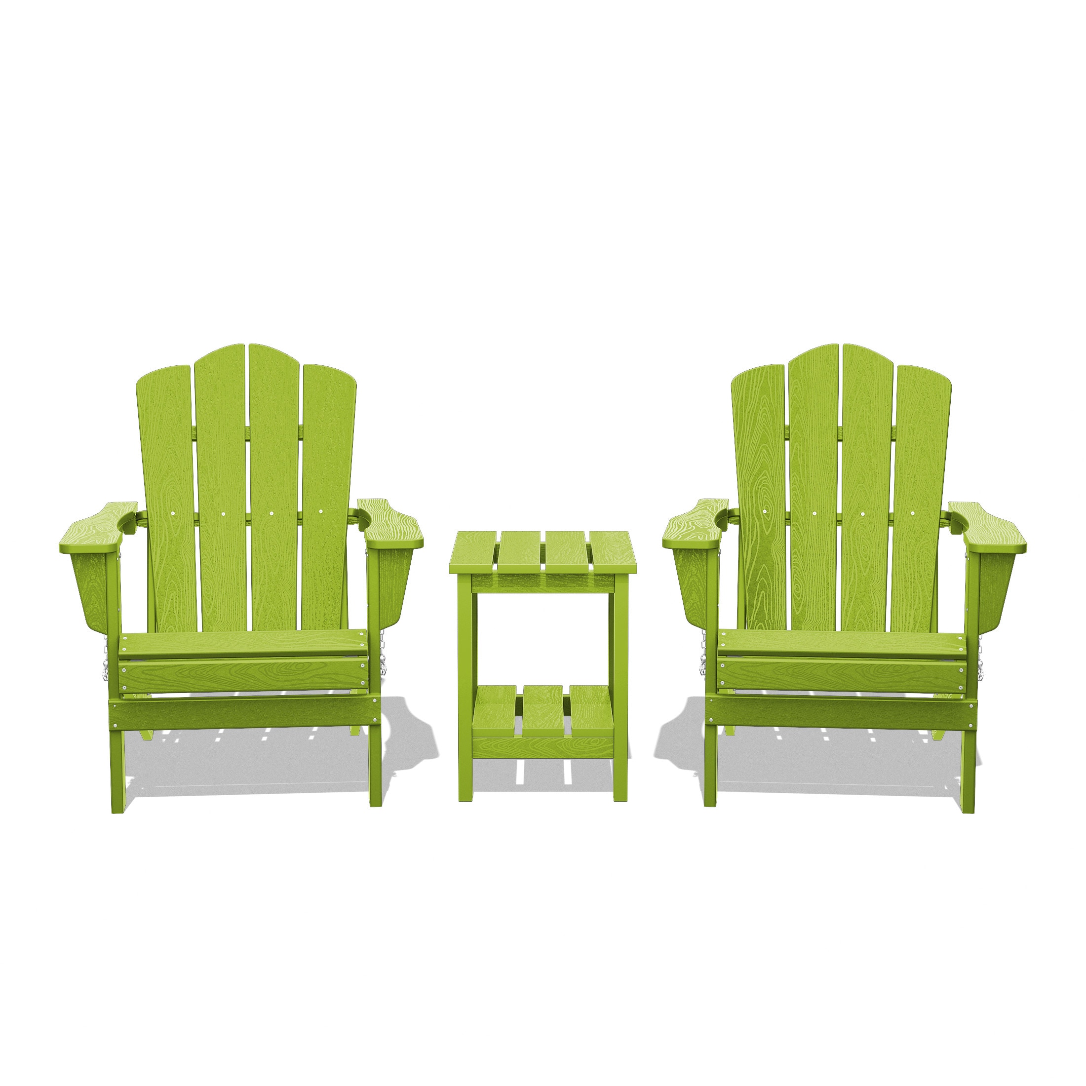 JEAREY YDZDY3JT-AG Patio Folding Adirondack Chair Set of 2 with a Side Table Set of 2 Stackable Apple Green HDPE Frame Stationary Adirondack Chair with Slat Seat