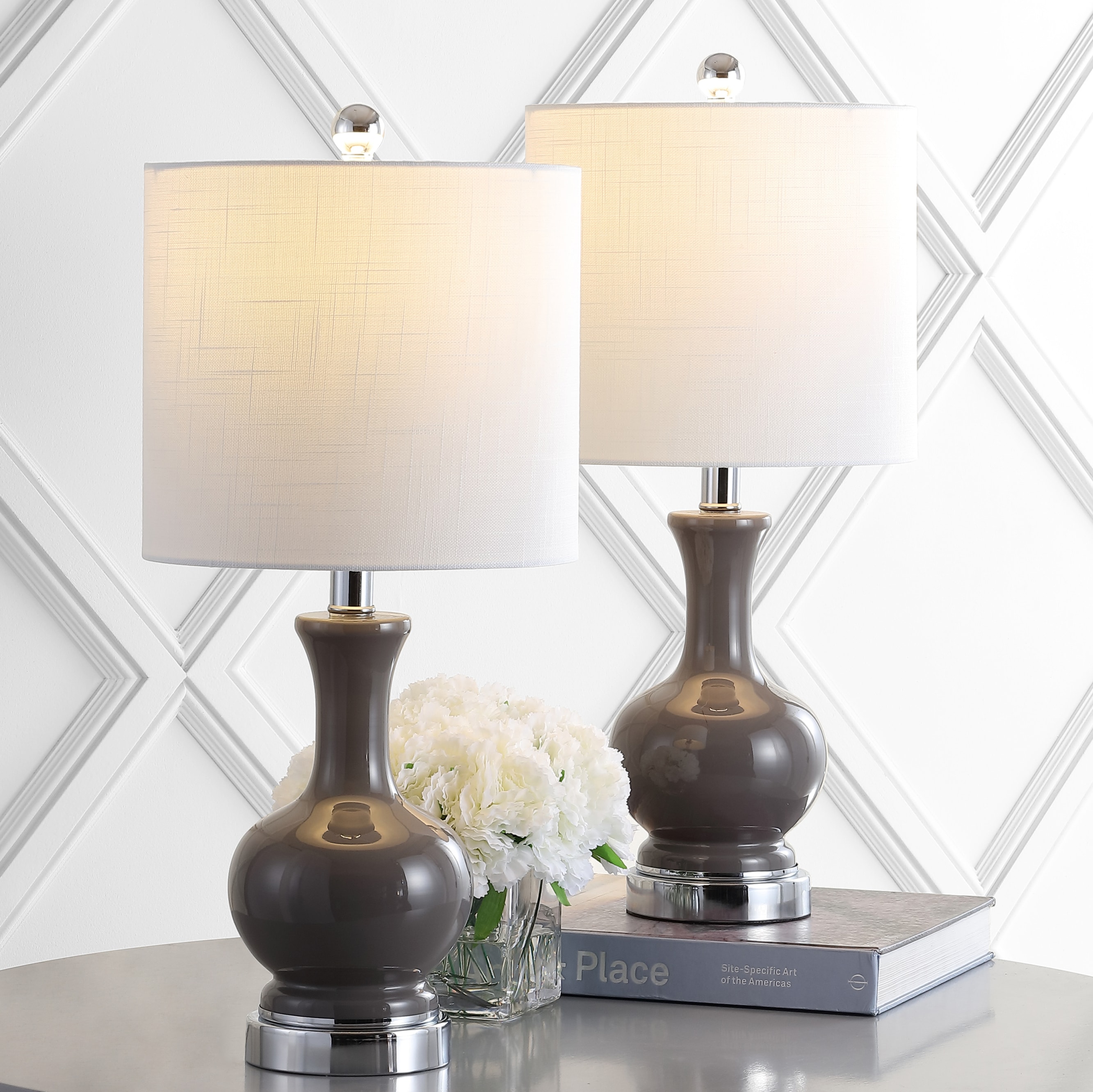 JONATHAN  Y JYL4033B-SET2 Cox Glass/Metal Transitional 21.5-in Gray/Chrome LED Incandescent Rotary socket Table Lamp with Linen Shade 2 -Set