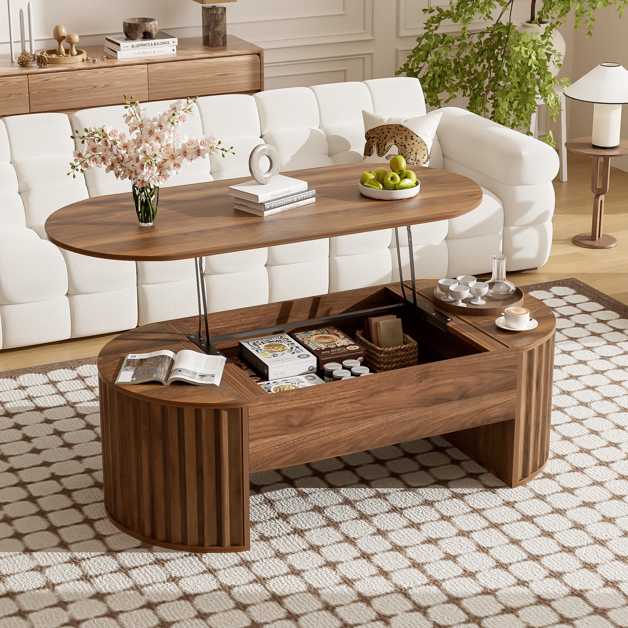 ModernLuxe L3P-N724P308481D 47.2inchLift Top Coffee Table with Hidden Compartment Partially Assembled Wooden Center Table Modern Oval Lift Tabletop for Home Living Room