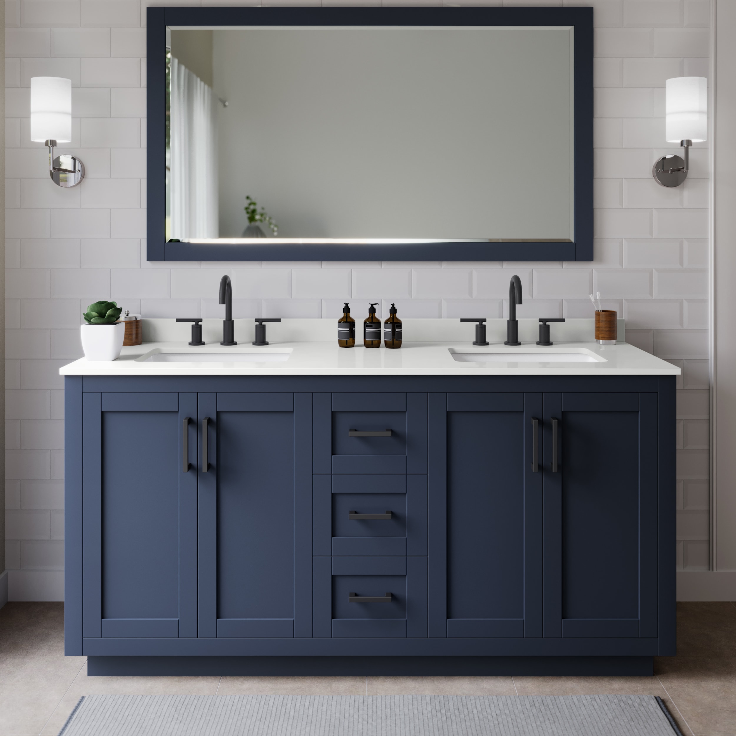 Wyndham Collection WCF292966DBBWQUS3M58 Miranda 66-in Dark Blue Undermount Double Sink Bathroom Vanity with White Quartz Quartz Top (Mirror Included)