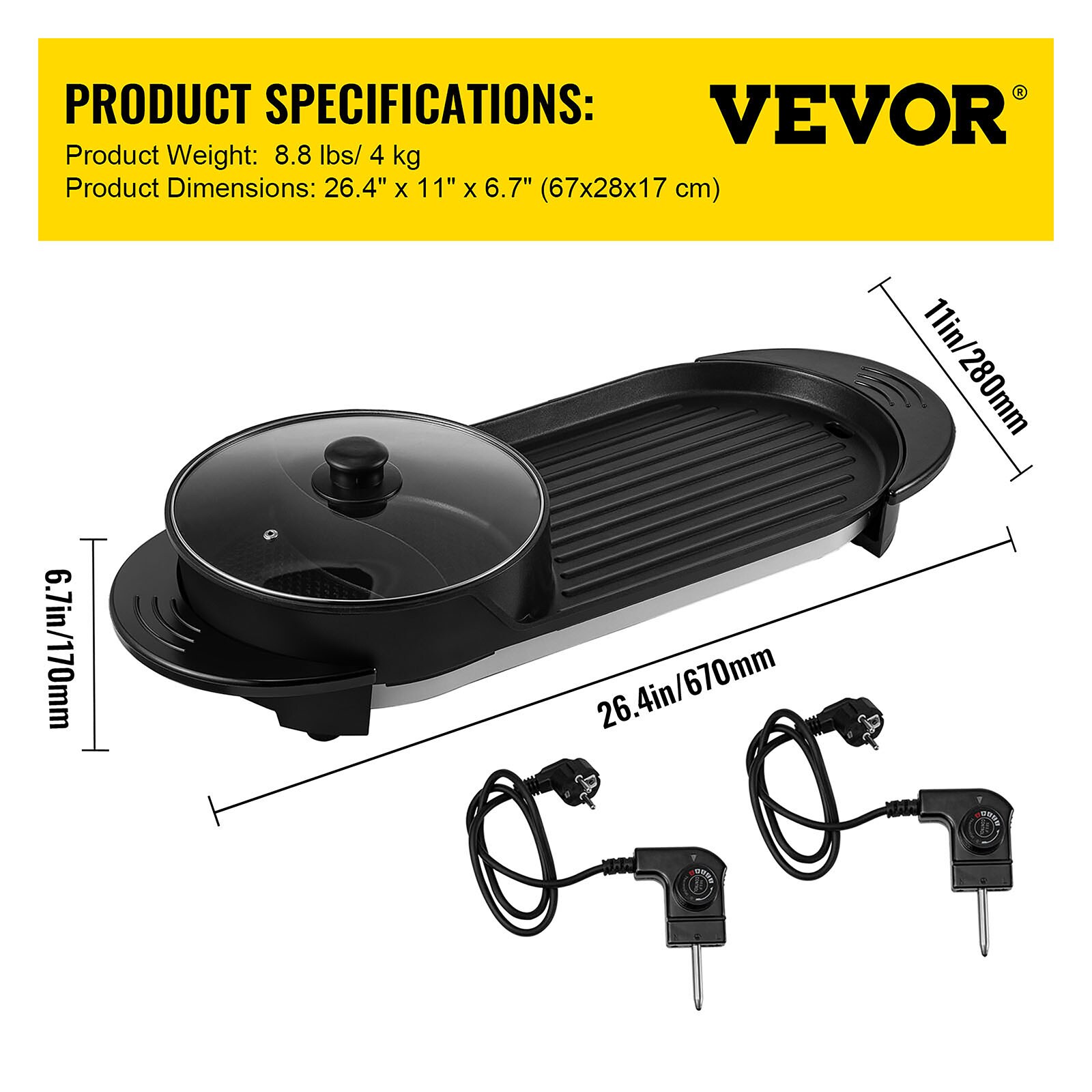 VEVORbrand 2 in 1 Electric Hot Pot and Grill,2400W Smokeless Hot Pot Grill,BBQ  Hot Pot, Black 