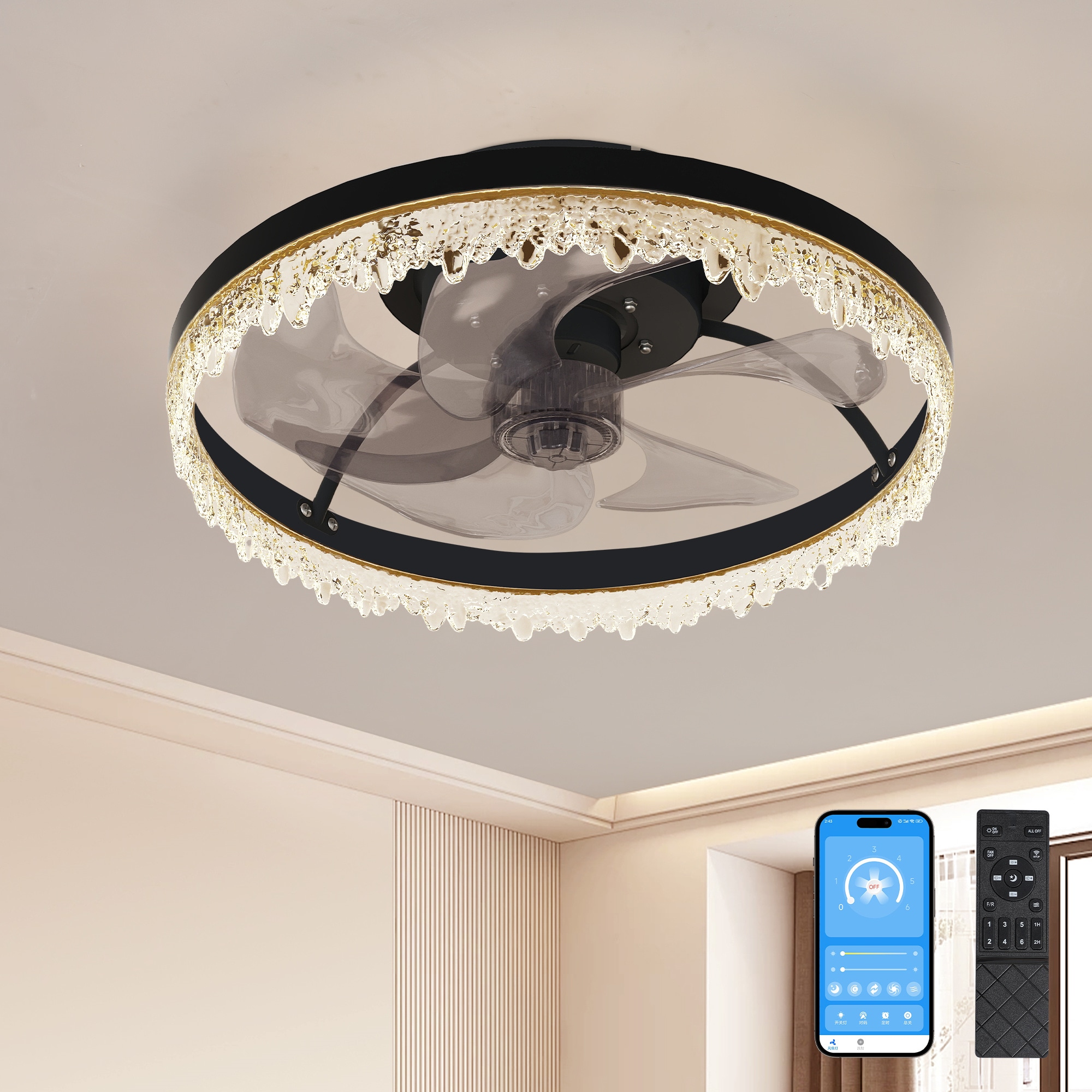 BABOOM BOM-297171-OR Dimmable Ceiling Fan 16-in Color-Changing Integrated LED Flush Mount Smart Black with ABS Blades Fandelier Ceiling Fan With Light - Remote Included ( 5 -Blade )