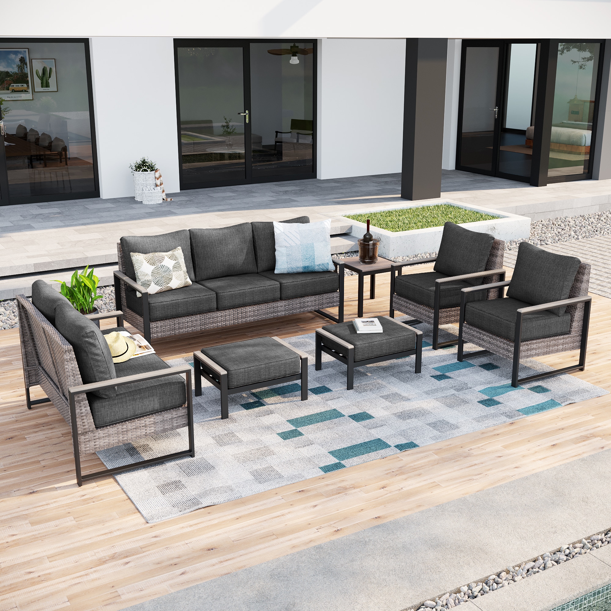 ACEGOSES LW-148HBK-S3T7 Skytop 7 -Piece Wicker Patio Sofa Conversation Set with Black Cushions