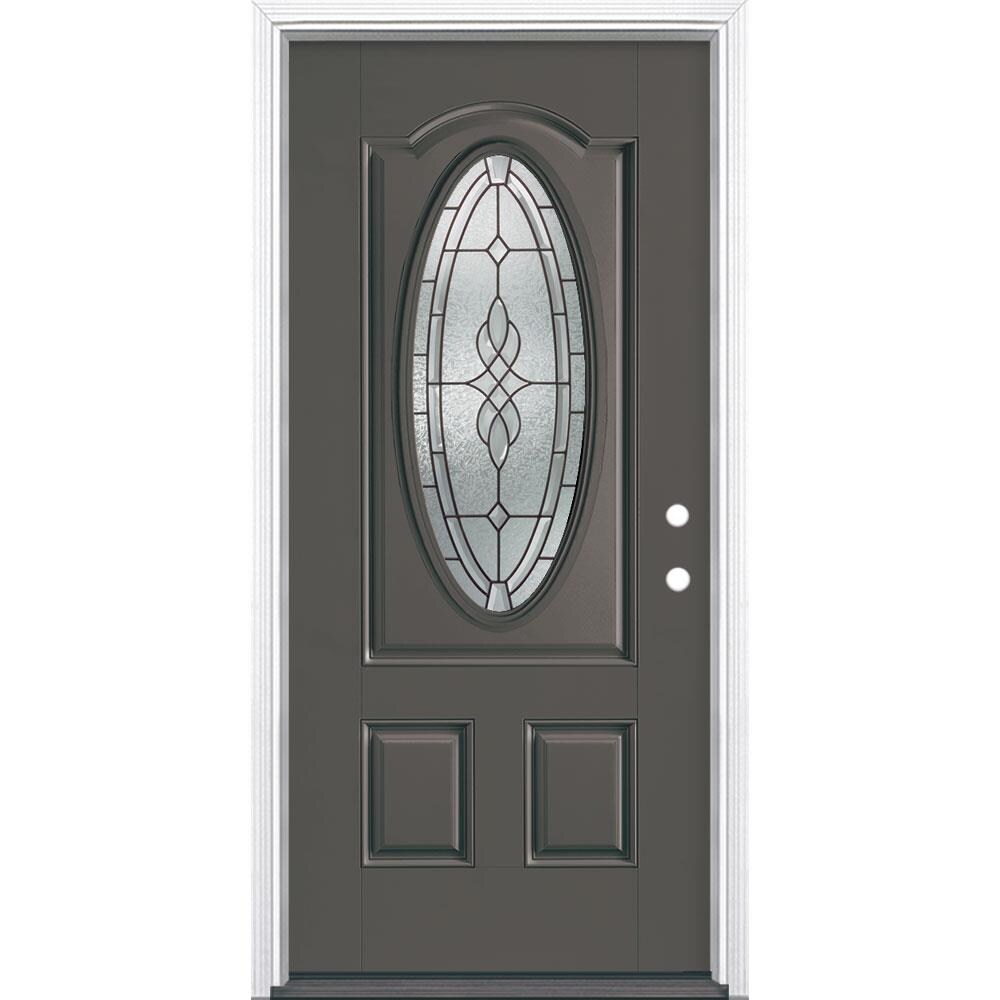 Masonite Hampton 36-in x 80-in Fiberglass Oval Lite Left-Hand Inswing  Timber Gray Painted Prehung Single Front Door with Brickmould Insulating  Core at