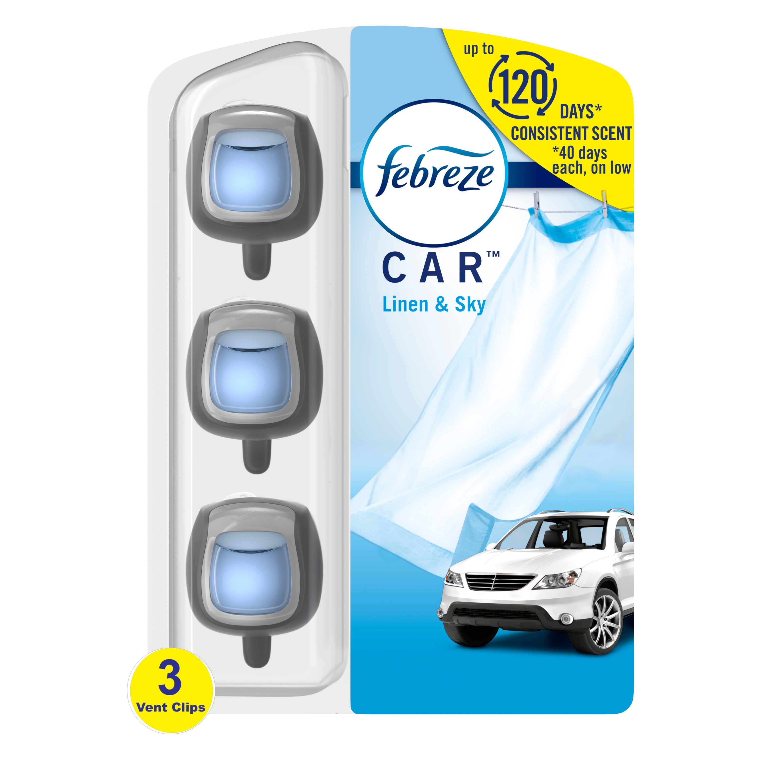 Febreze Car Air Freshener, Vent Clips, Linen & Sky - 3 pack, 2 ml clips