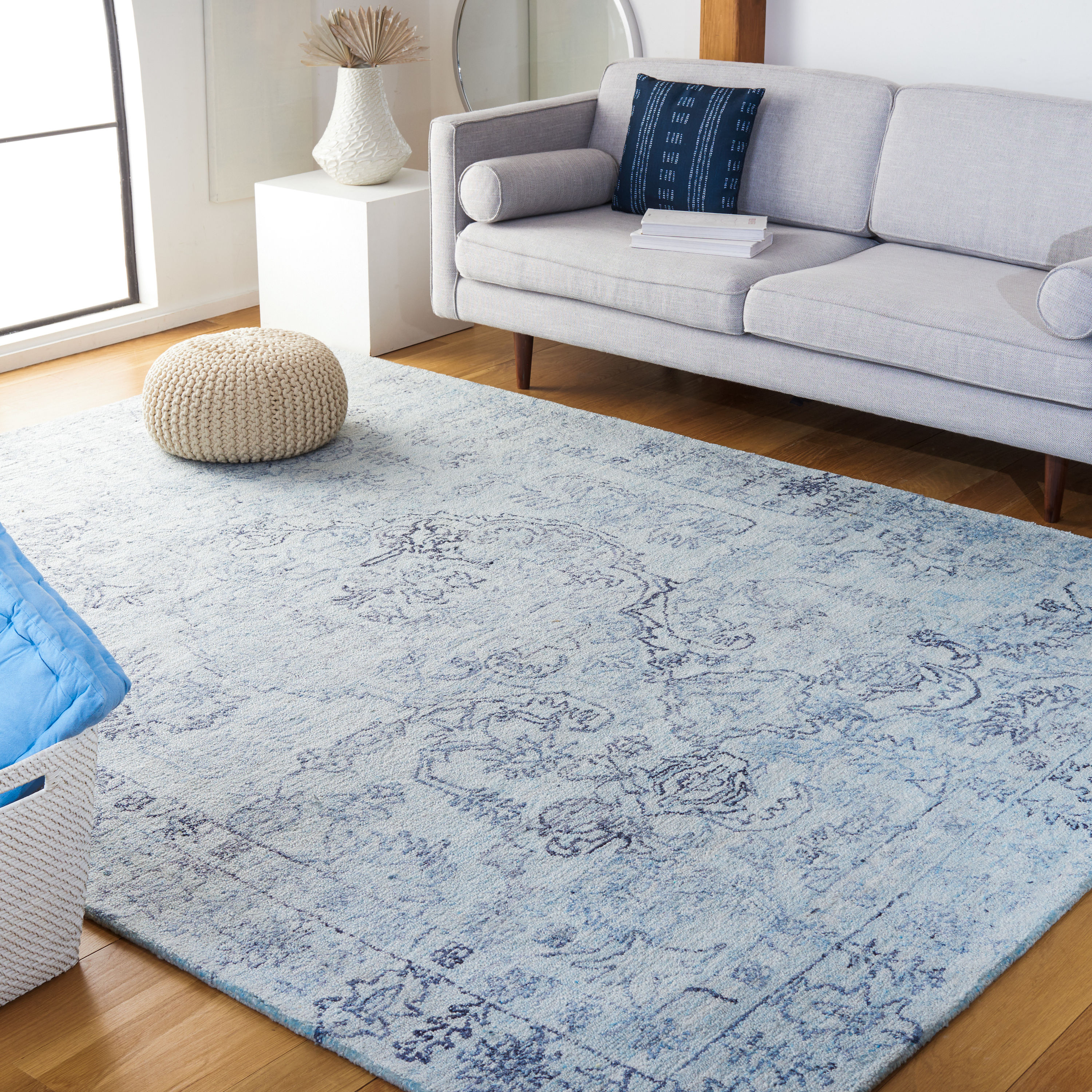 Light Blue Hand-Tufted Wool Square Area Rug, 6 x 6 ft