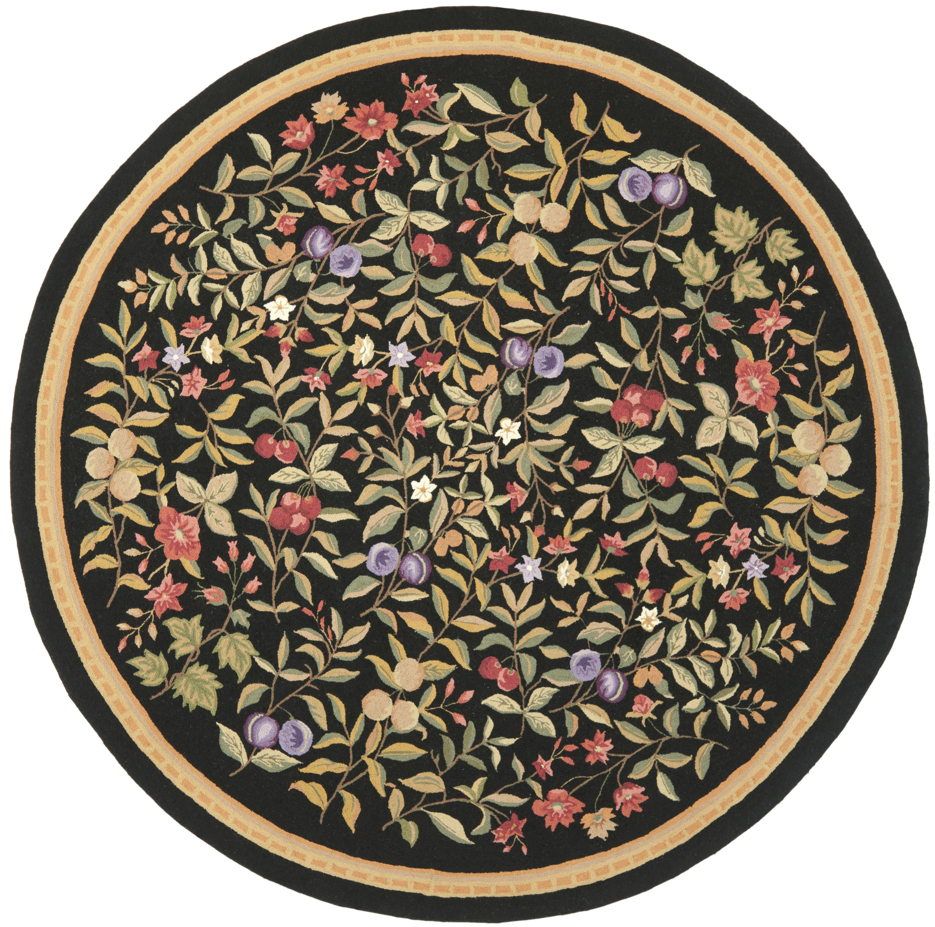 Safavieh HK210B-8R Chelsea Gardenia 8 x 8 (ft) Hooked Wool Black Round Indoor Floral/Botanical Area rug