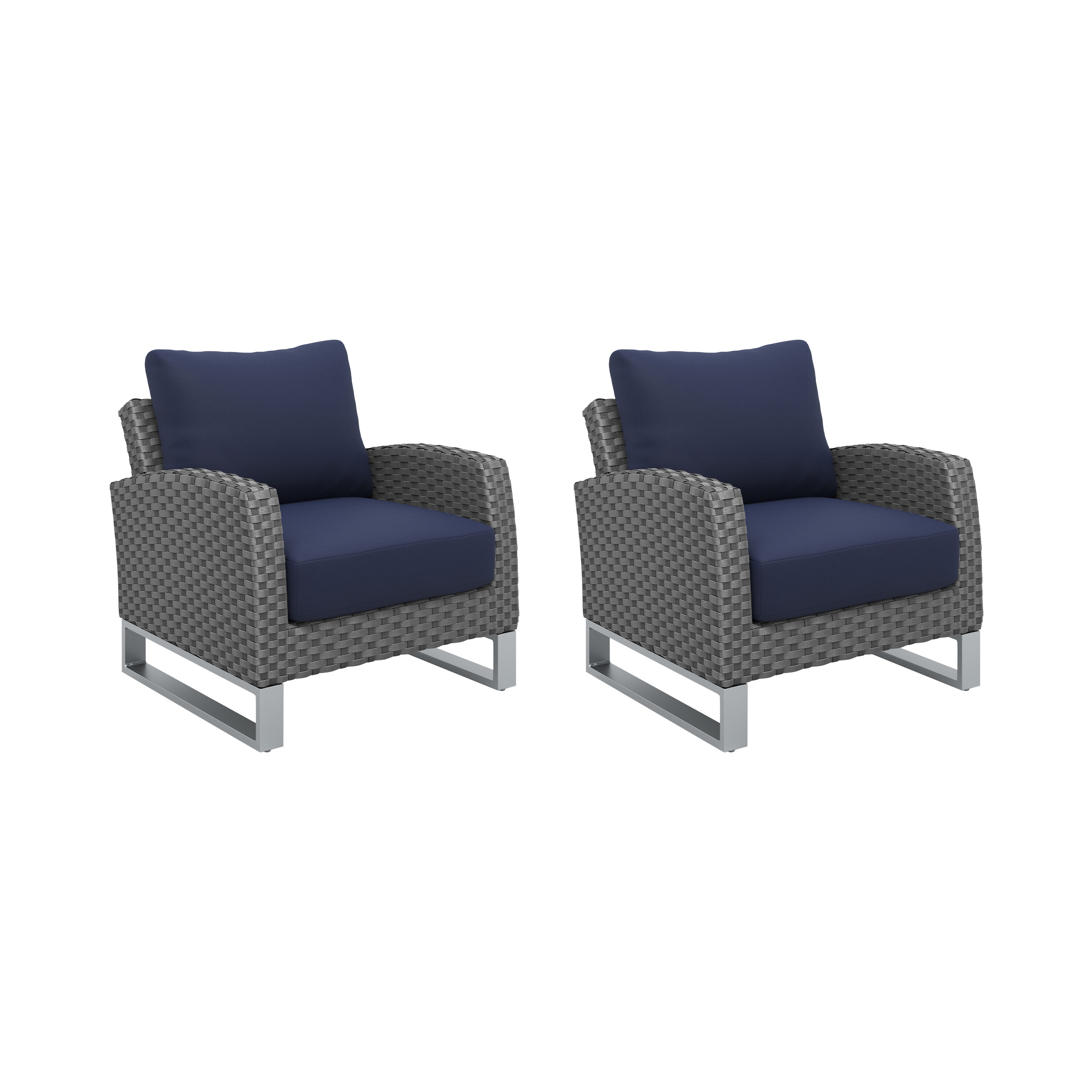 MANHATTAN SQUARE G801C-10S Fiji Set of 2 Wicker Gray/Blue Metal Frame Stationary Conversation Chair with Blue Cushioned Seat