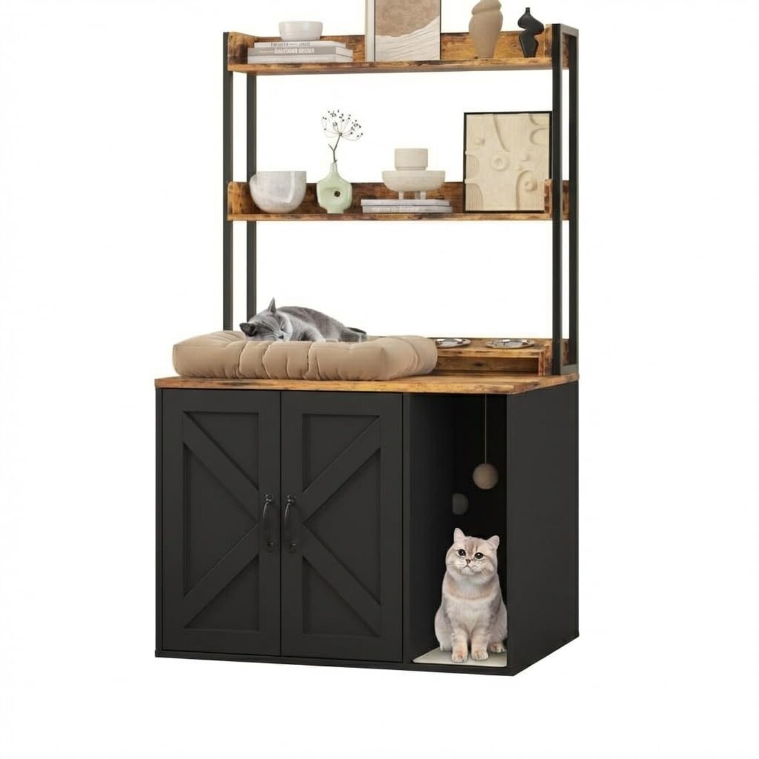 Garvee Black Fiery Cloud 55-Inch Wooden Cat Litter Box Enclosure with ...