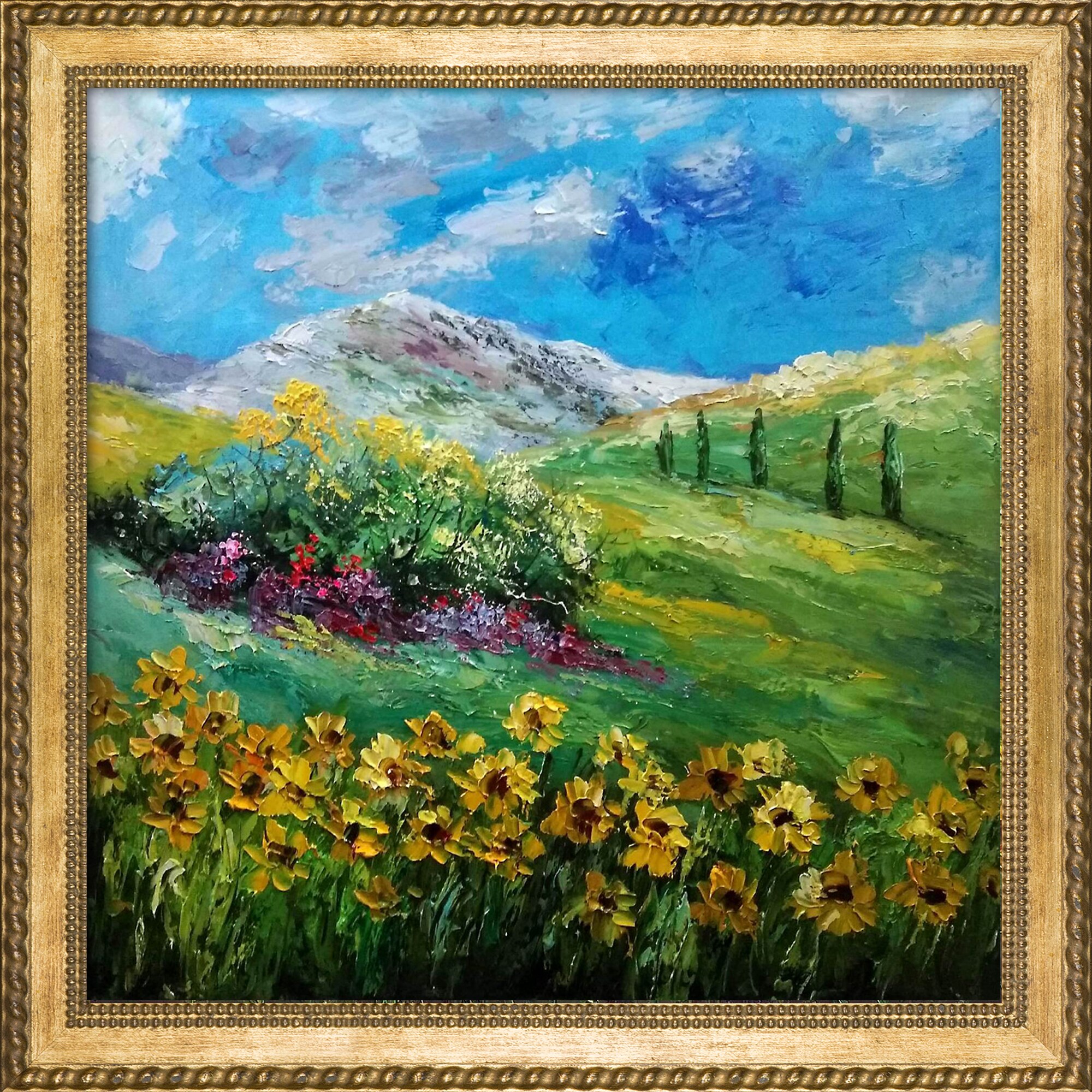 ArtistBe 688576603988 Sunflowers 7741 Reproduction Pol Ledent Gold Wood Framed 28.75-Inches H x 28.75-Inches W Floral Canvas Hand-Painted Painting
