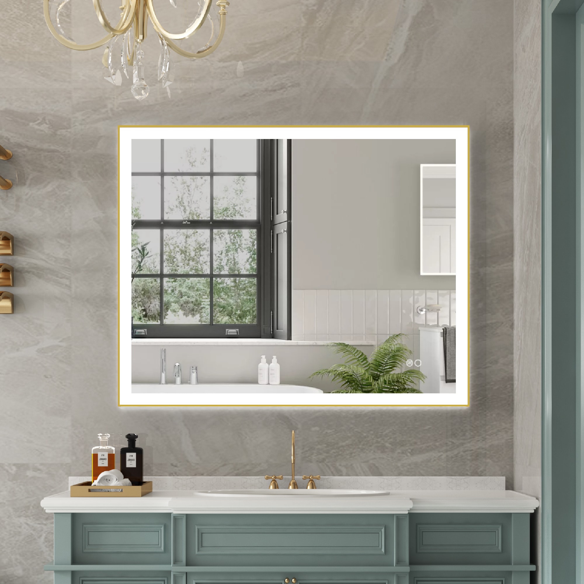 WELLFOR W5FM4032GD RECA Framed LED Mirror 40-in x 32-in Framed Rectangle Dimmable LED Lighted Fog Free Bathroom Vanity Mirror ( Gold )