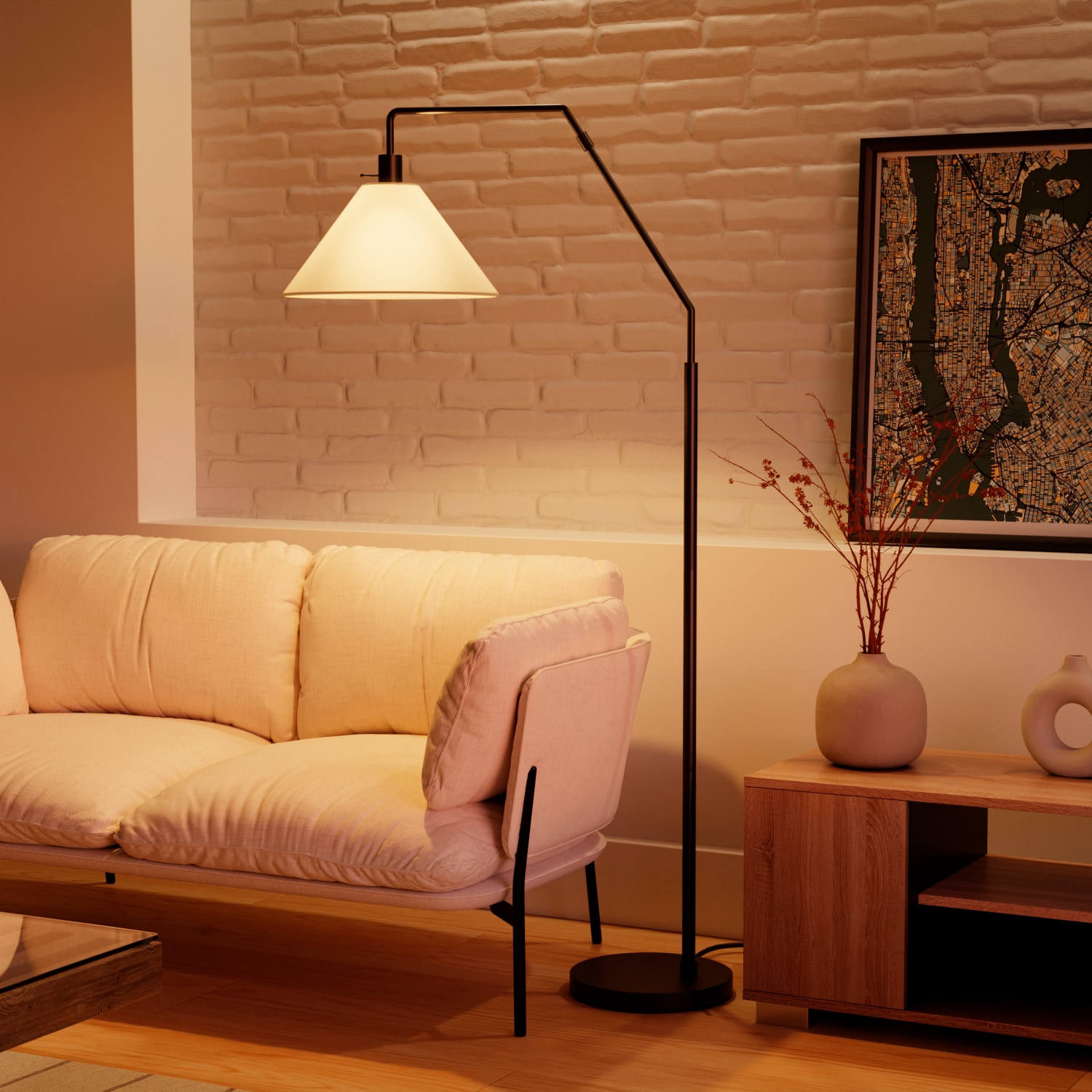 Globe Electric 65-in Matte Black Arc Floor Lamp with Fabric Shade