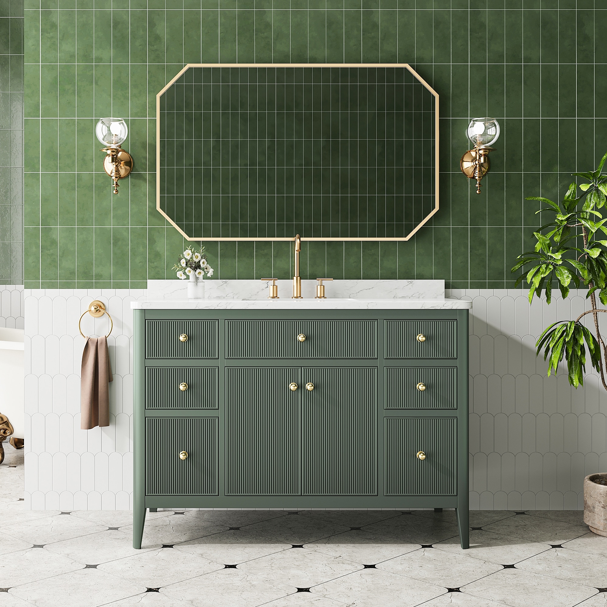 Iseryn Bath Vanity 48-in Green Undermount Single Sink Bathroom Vanity with White Engineered Marble Top