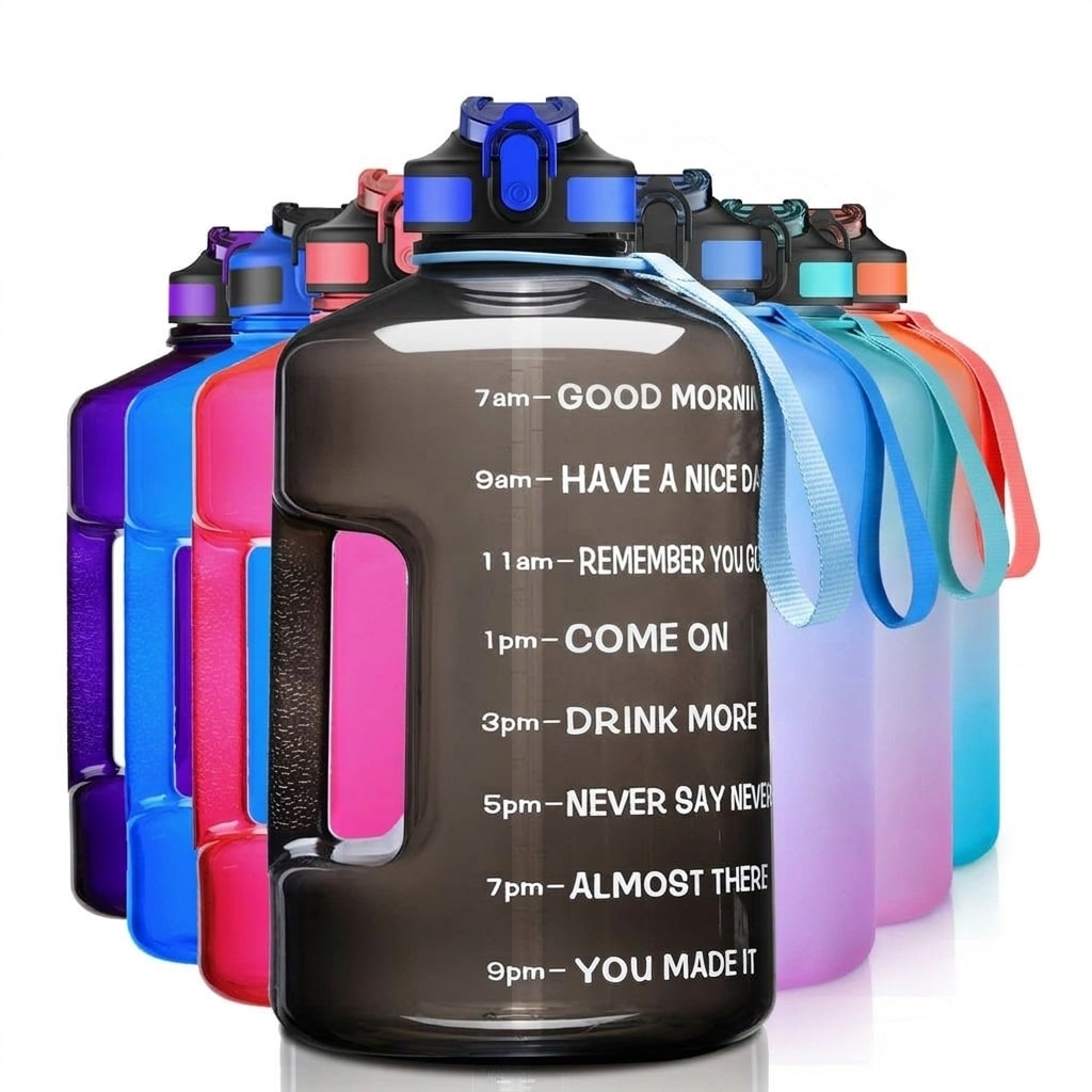 Justincity -  1 Gallon 128oz BPA Free Plastic Water Bottle with Time Marker Leak Proof Lid Handle...