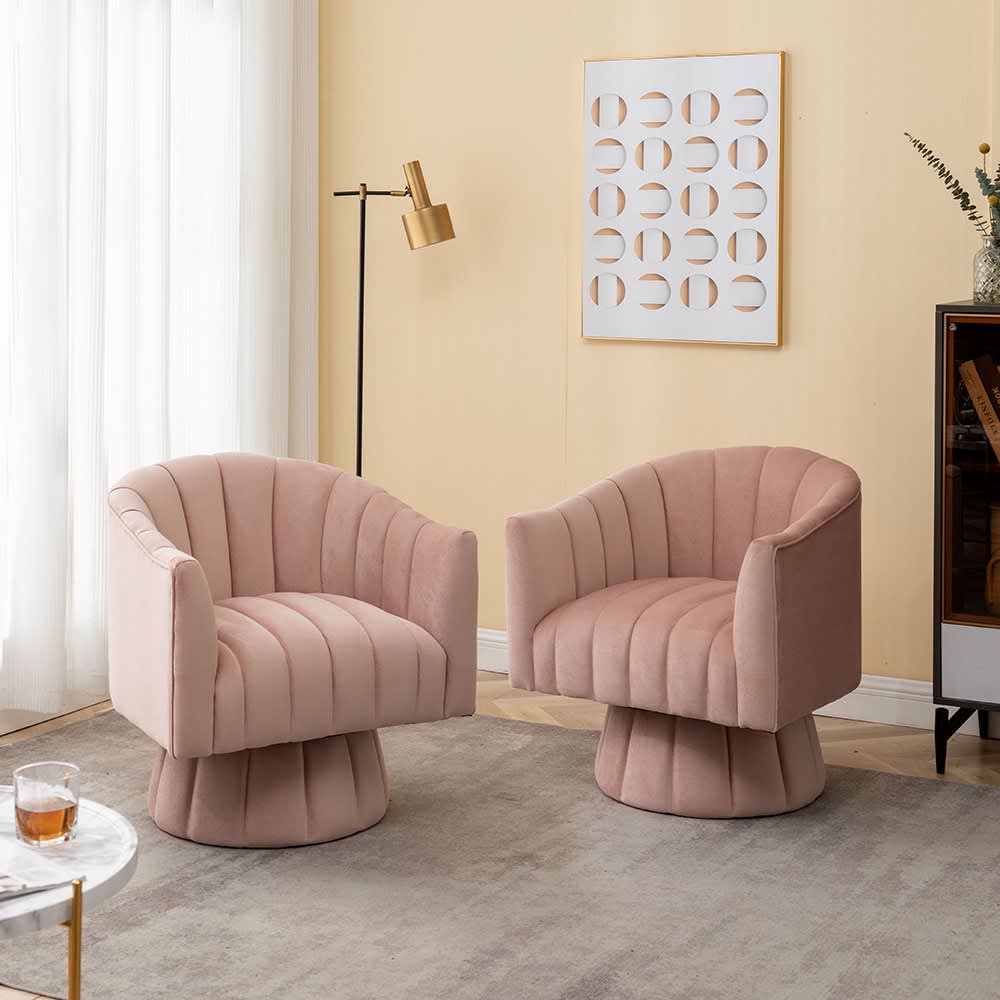 SEYNAR XY570-PINK-S2 Modern Glam Velvet Upholstered Round 360 Degree Swivel Accent Barrel Chair Set of 2