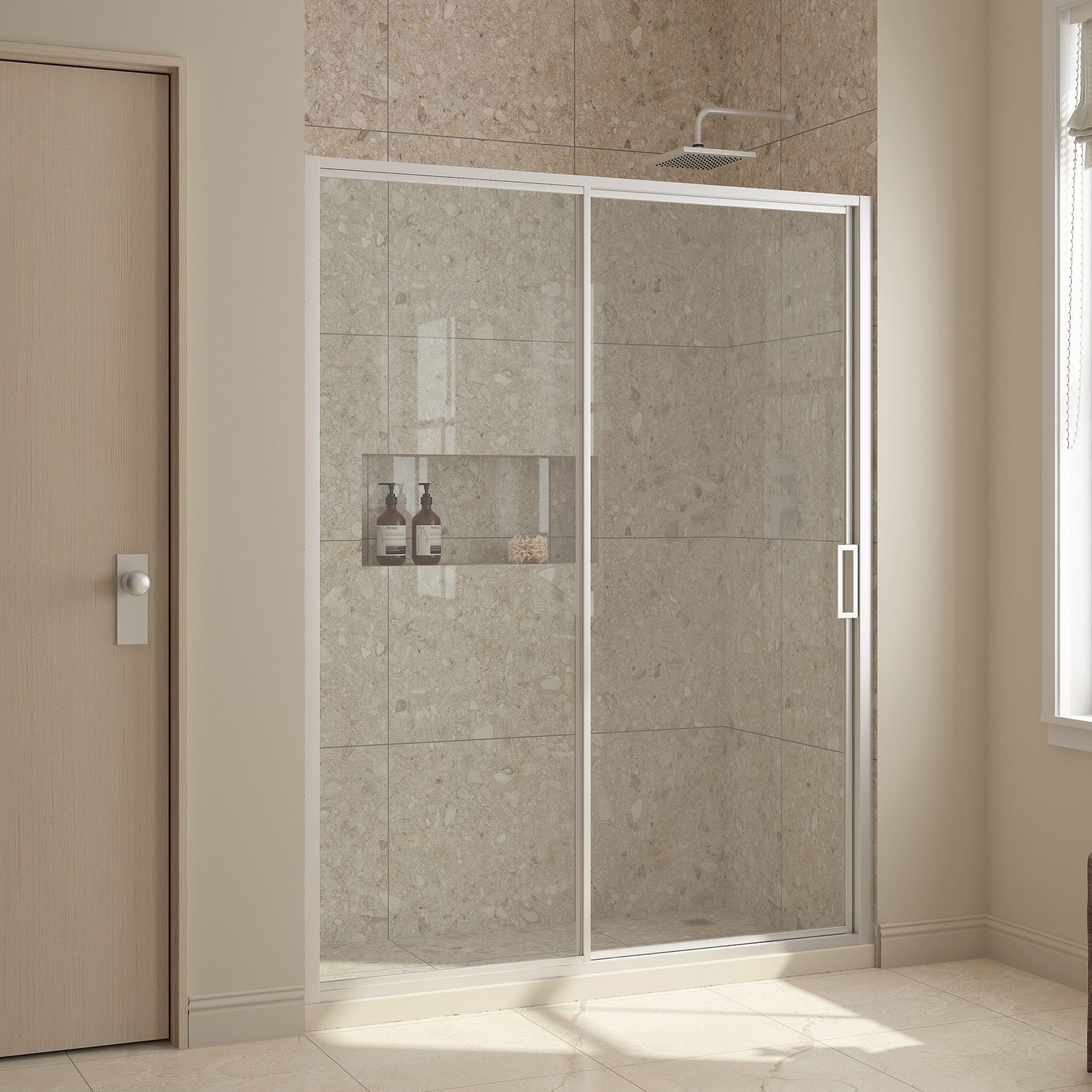 OVE Decors 15SGP-STAN60-SAT Stanford Satin Nickel 55-7/16-in to 60-in W x 74.02-in H Frameless Clear Glass Sliding Shower door