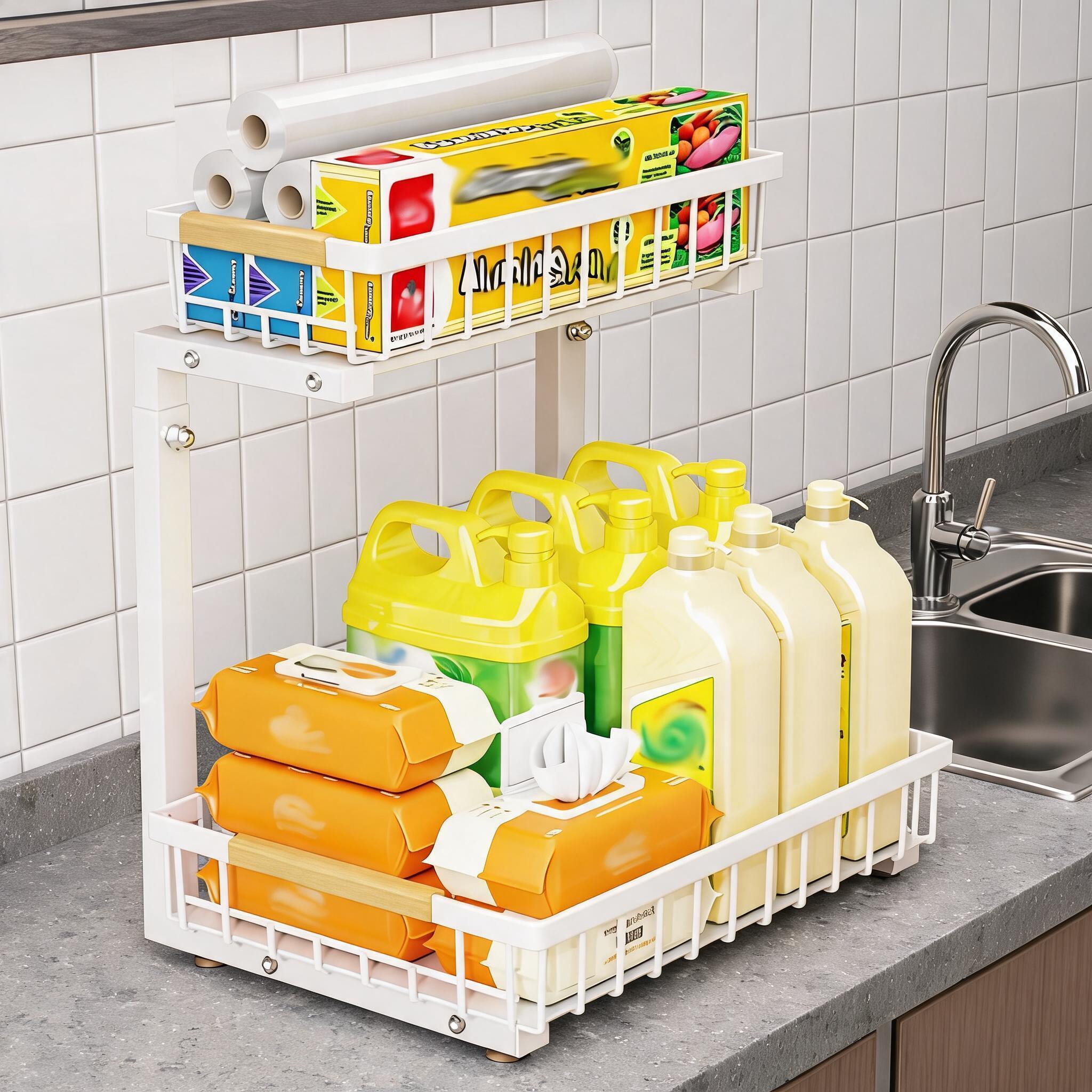 2 Tier L Shape Height Adjustable Kitchen Cabinet Organizer Under Sink Shelf Standing Spice Rack for Cleaning Agent White