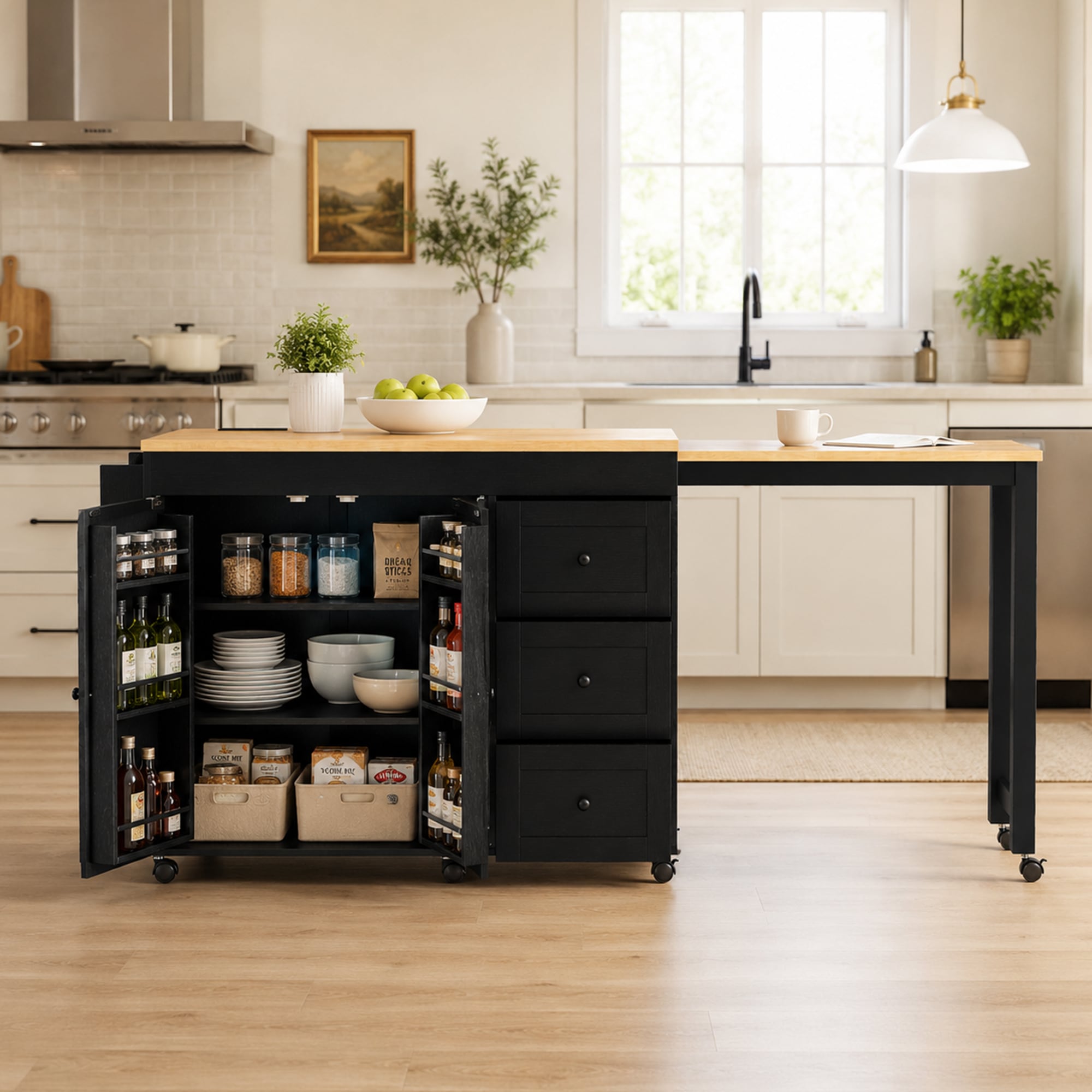 Homy Casa - 74.8-in Rolling Kitchen Island Cart with Extendable Dining Table Power Outlet and 3 D...