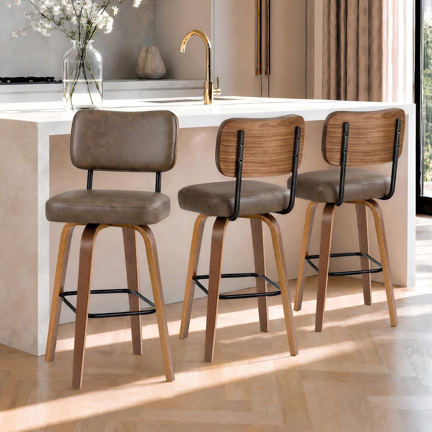 GarveeLife Set of 3 Brown PU Leather Upholstered 25.6-in H Swivel Counter Height Bar Stools