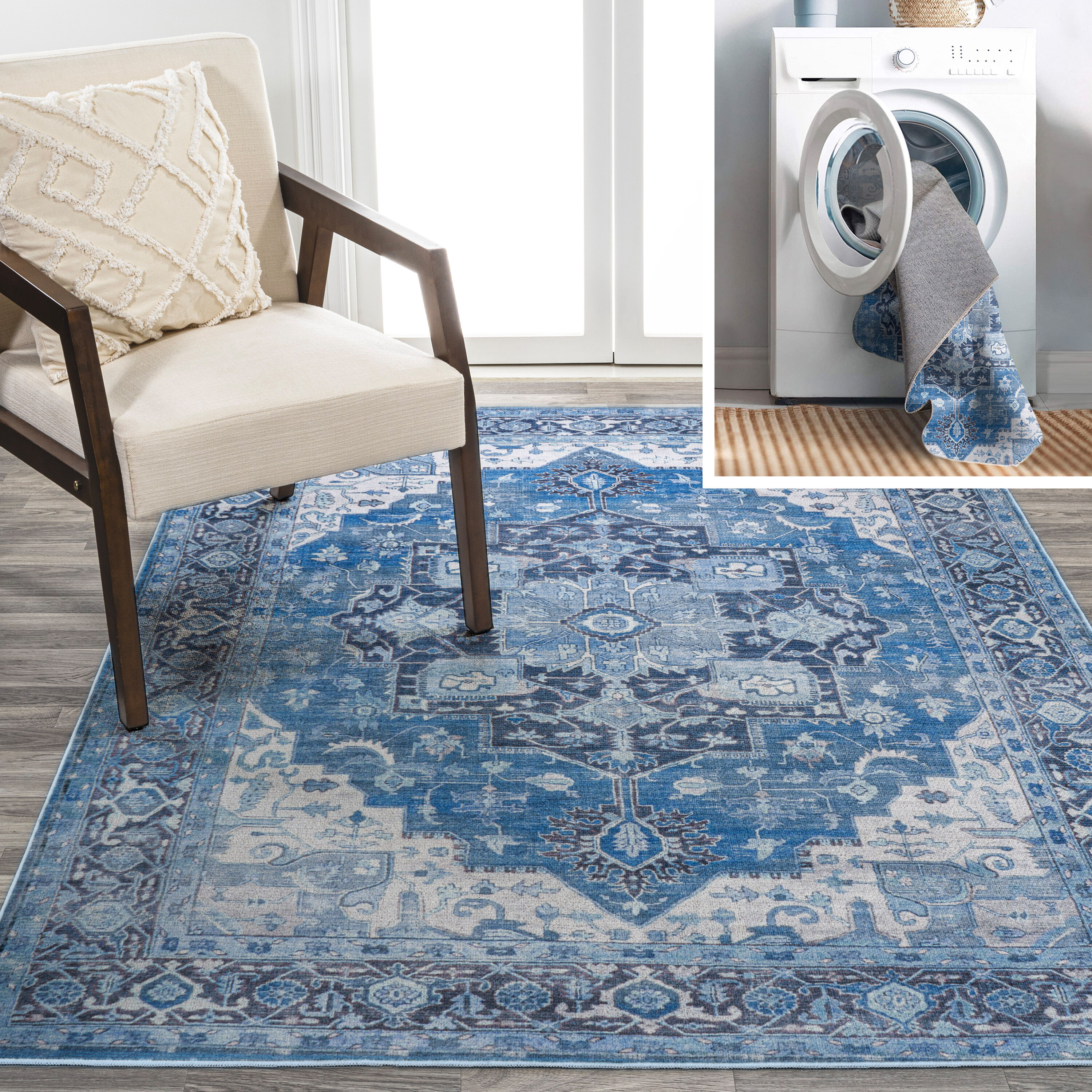 JONATHAN  Y WSH109B-4 WASHABLE Maris Ornate Medallion 4 x 6 (ft) Loomed Polypropylene Blue/Navy Rectangular Indoor Border Bohemian/Eclectic Machine washable Area rug