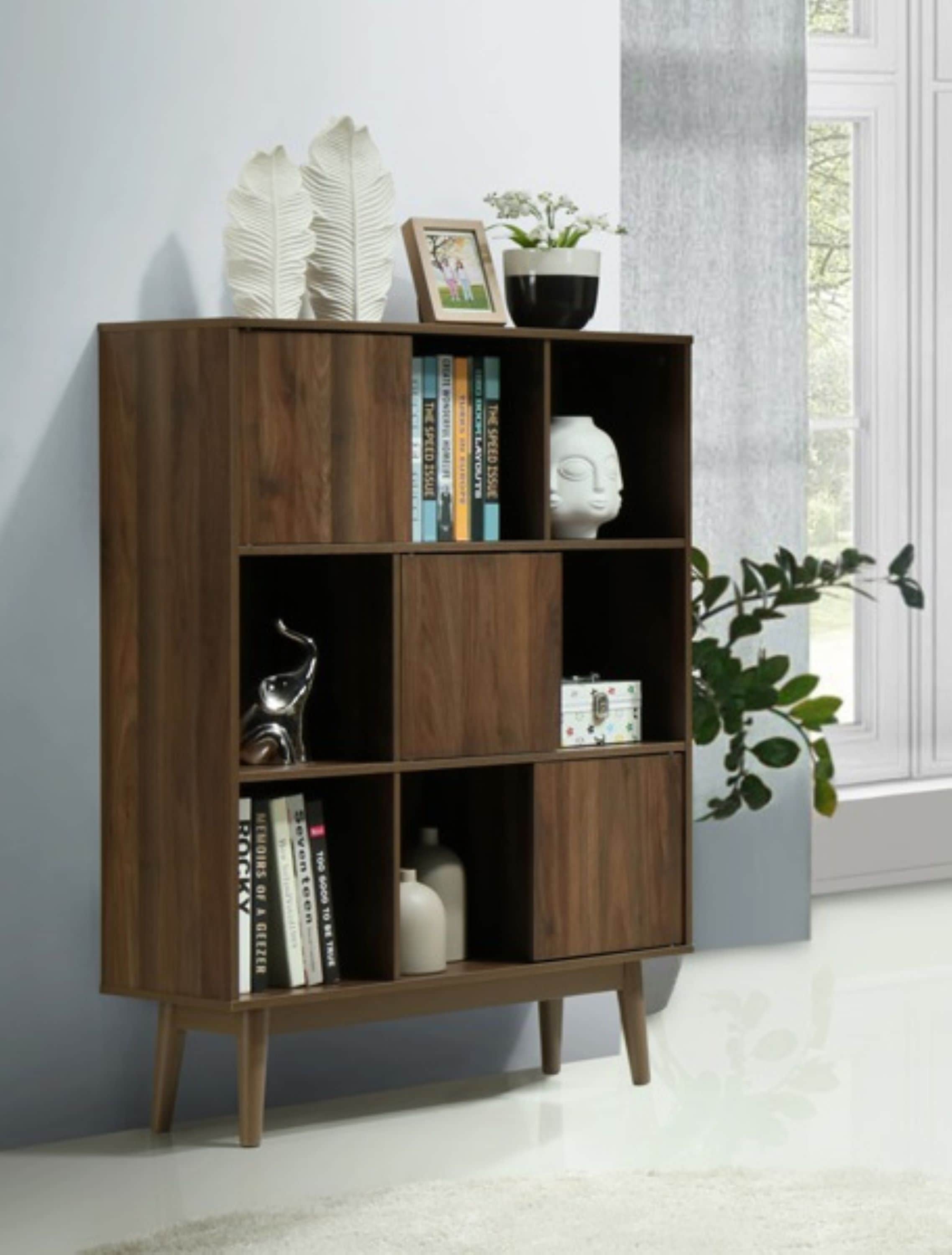 4D Concepts 151386 Montage Midcentury Room Bookcase Walnut Brown Wood 3-Shelf Bookcase with Doors (33.9-in W x 44.8-in H x 11.7-in D)