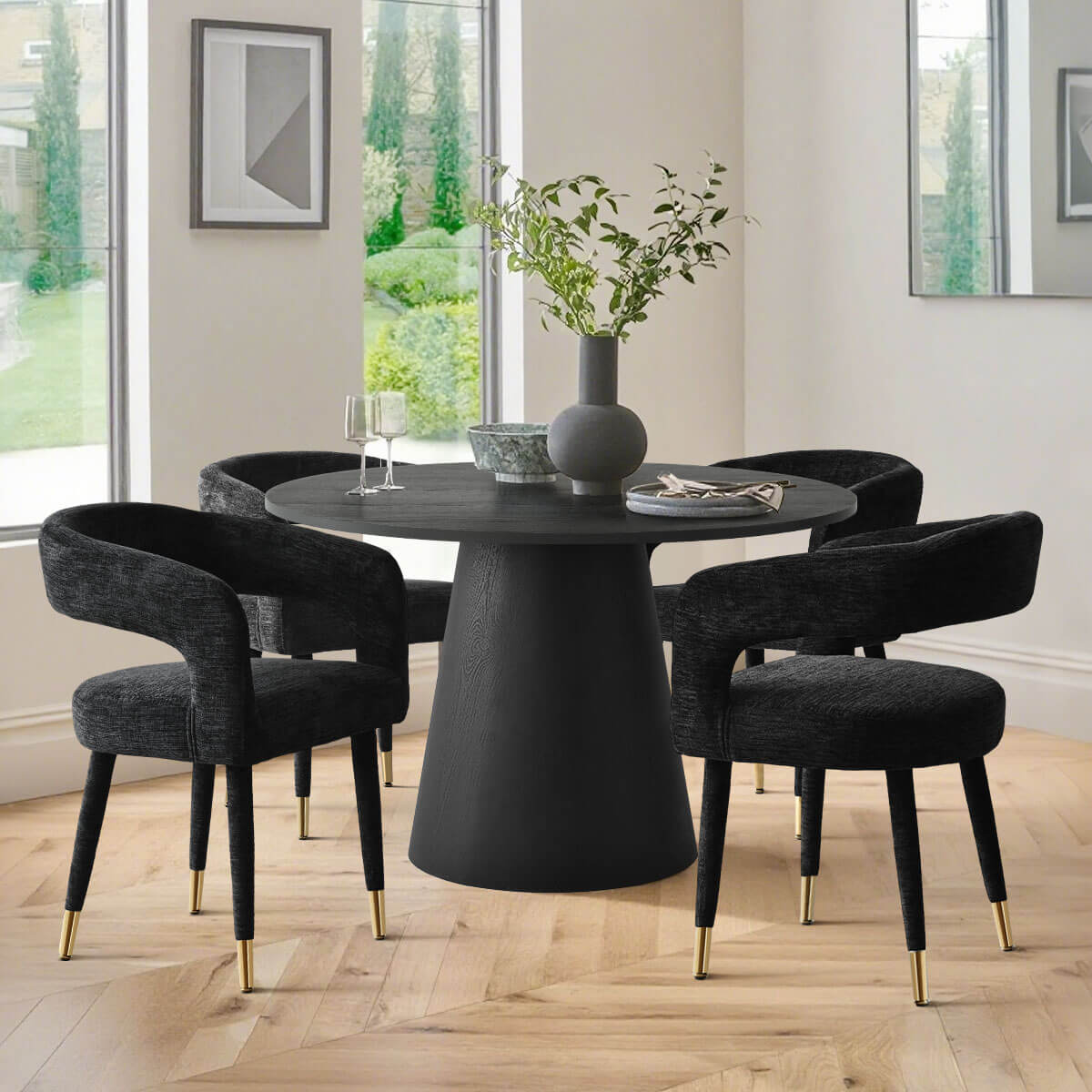 Maison Boucle ANNA-CHAIR-BLACK-4 Set of 4 Modern Black Upholstered Dining Chairs with Curved Back and Sleek Gold Metal Legs