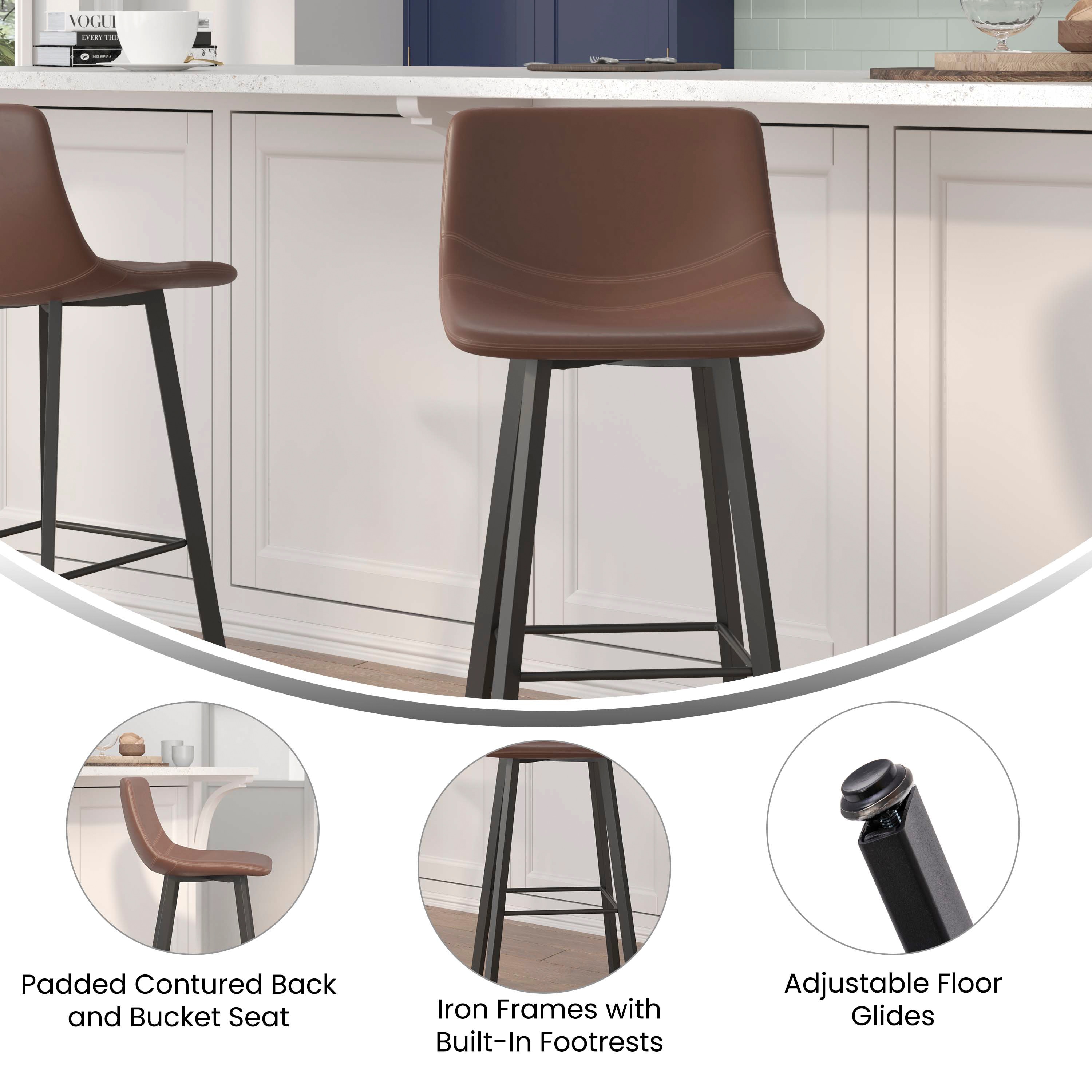 Chocolate Brown Faux Leather Counter Stools with Metal Frame, Set of 2