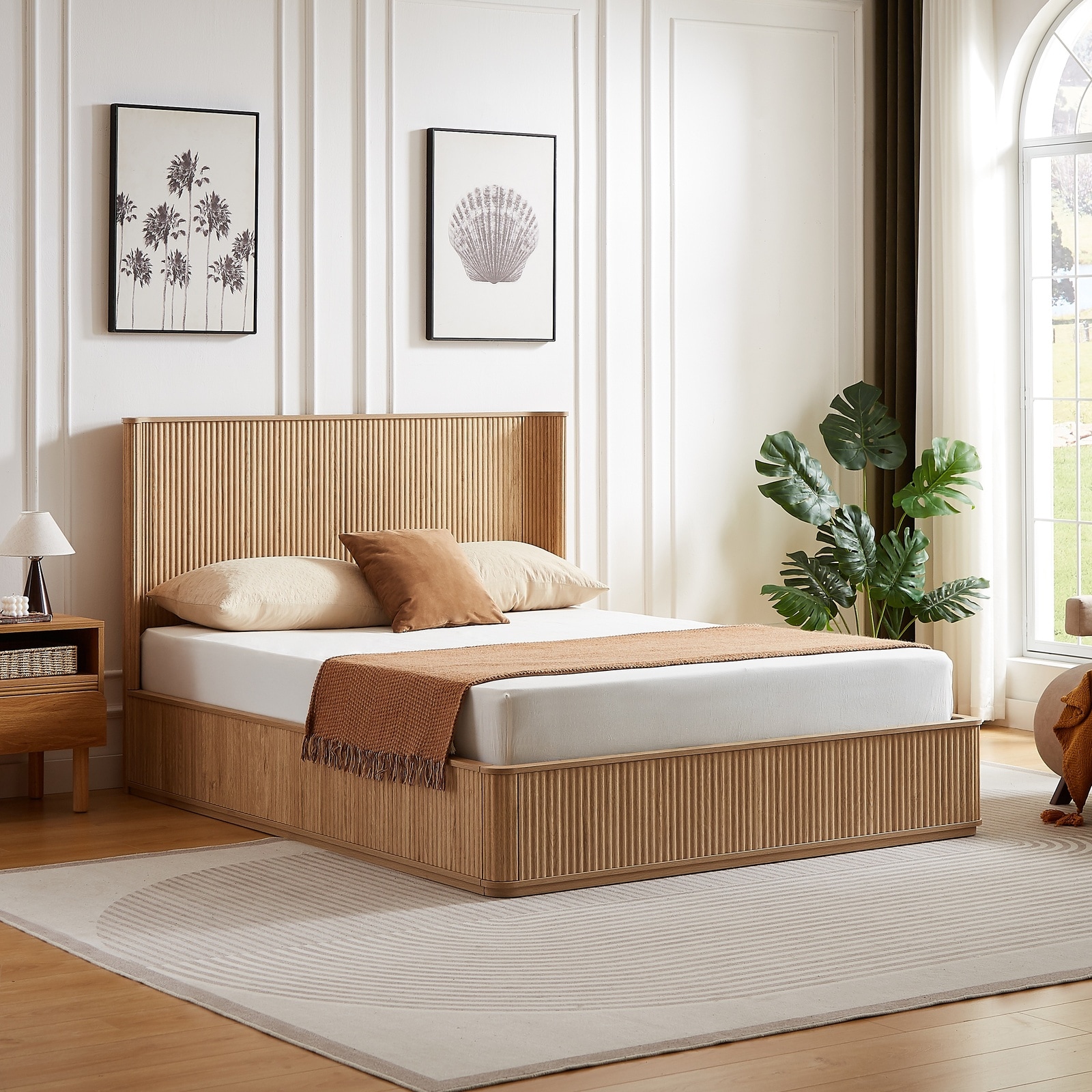 Horizons Prime - Queen 84 inch x 64 inch x 44 inch Oak Wood Platform Bed Frame with Corrugated Wa...