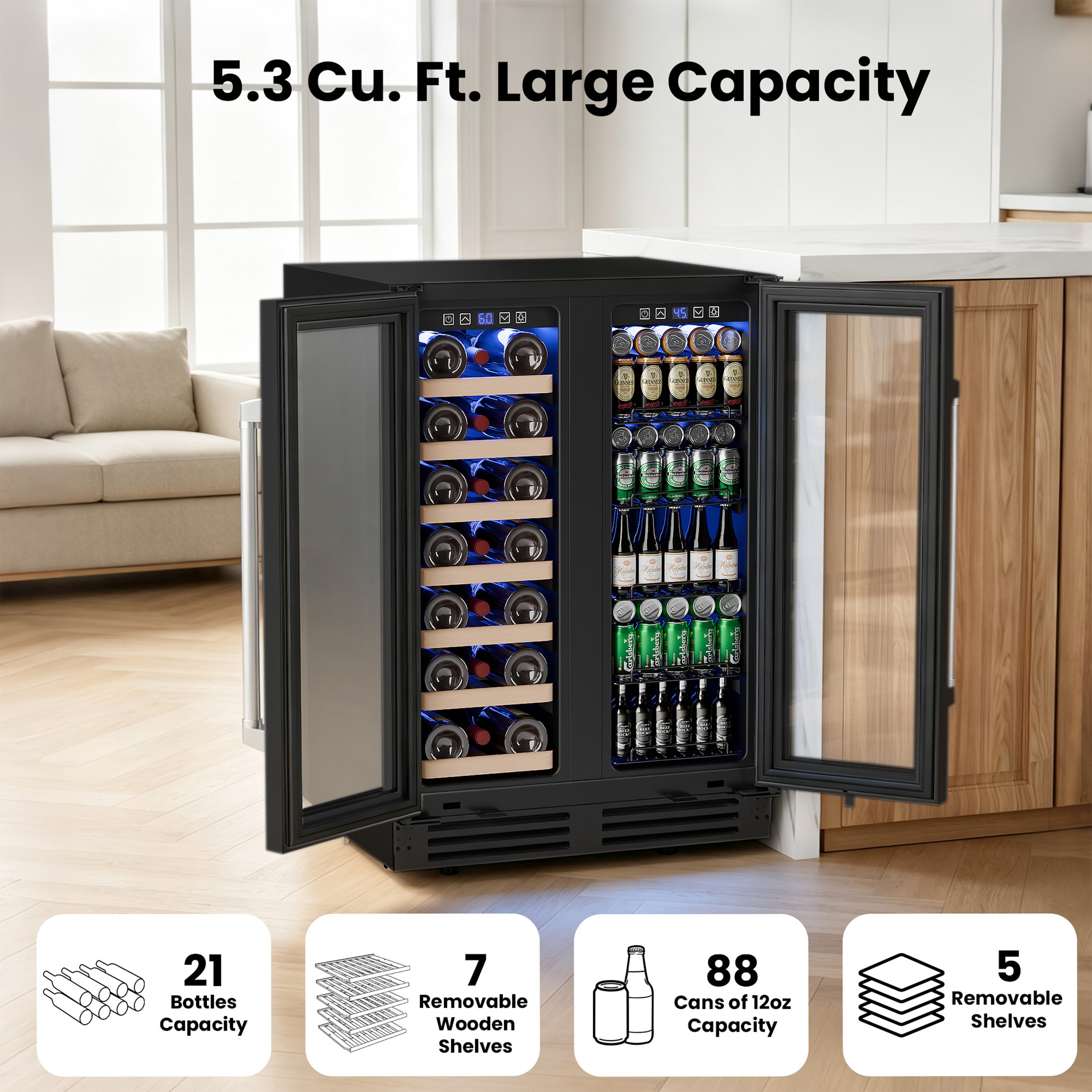 IUDommy 23.4 in. W 21 Bottles and 88 Cans Dual Zone Beverage Refrigerator Built-in/Freestanding Wine Cooler Black Sansujyuku sansujyuku.com