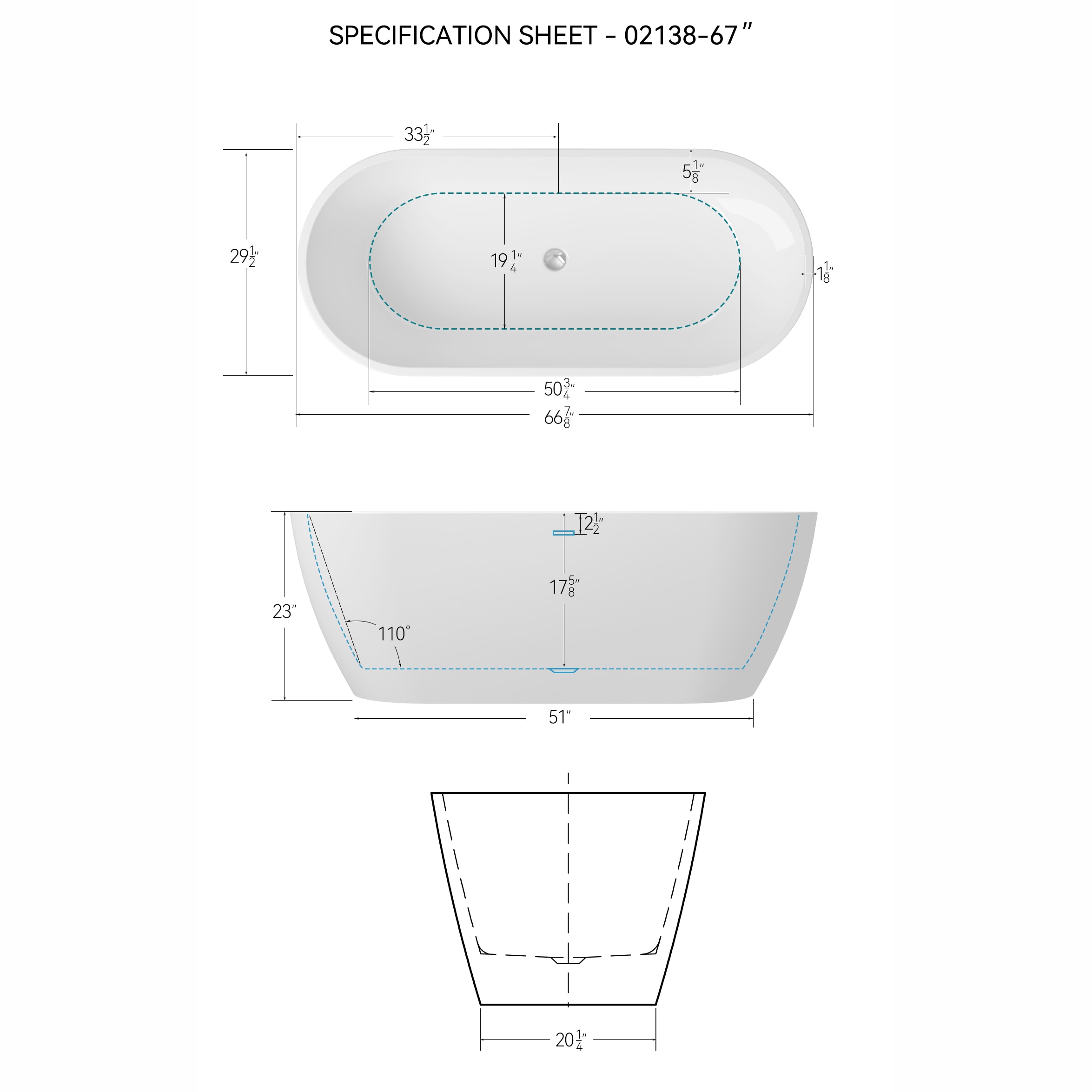 HEATGENE 55" White and Matte Black Acrylic Freestanding Bathtub