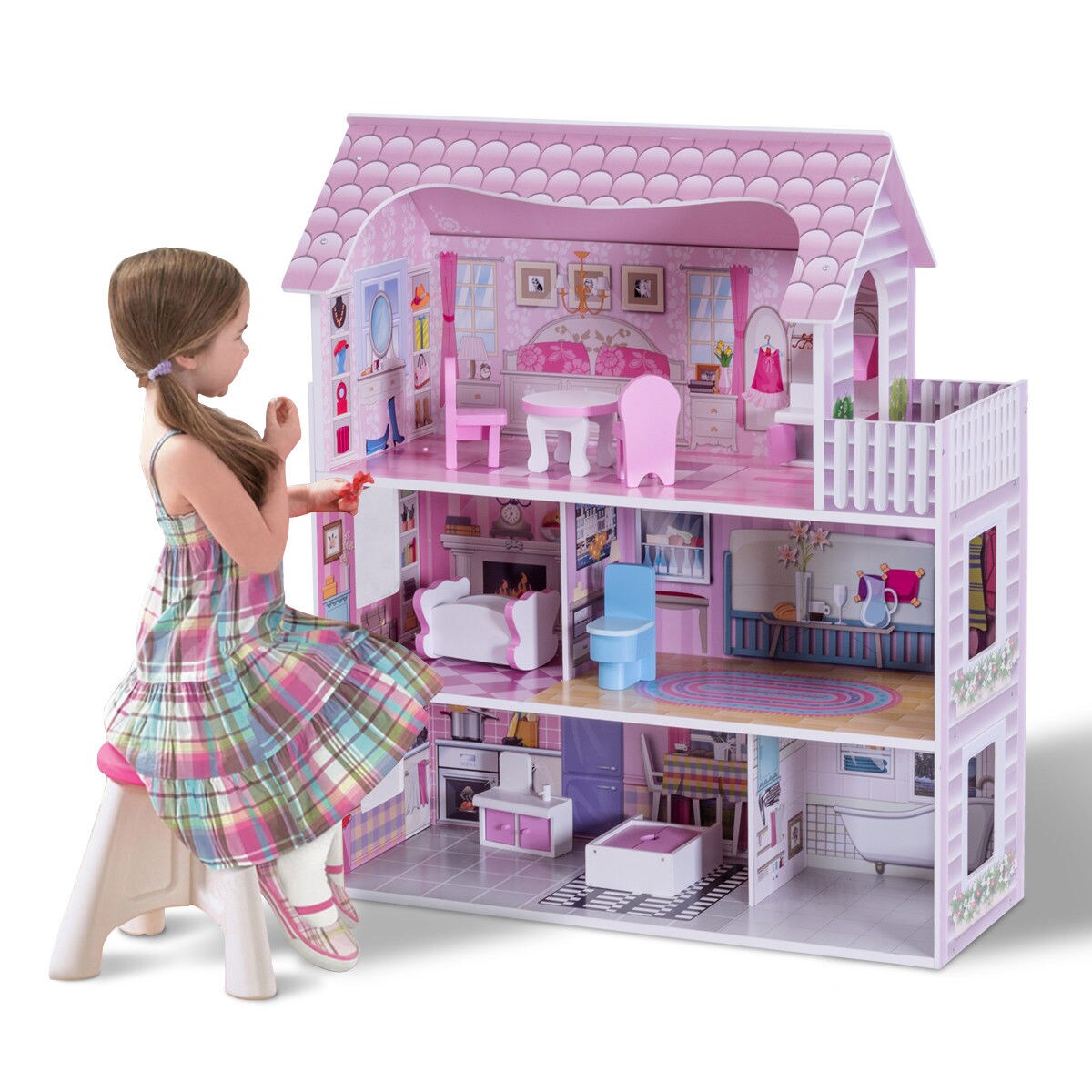 Huluwat Pink Classic Wooden Dollhouse for Toddlers with of