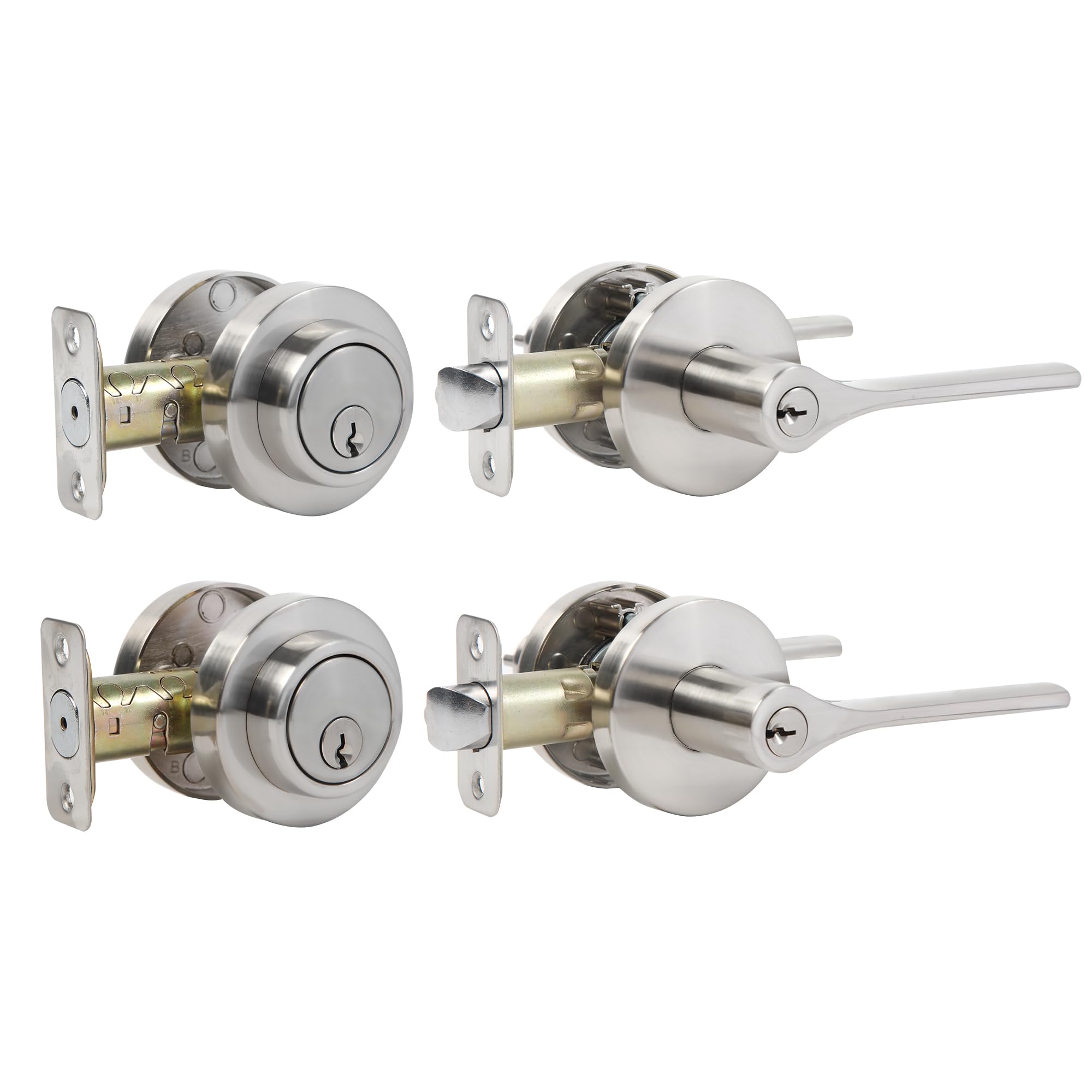 SenQWFa  Exterior Door Lock Set Deadbolt and Round Door Knobs Satin Nickel All Keyed Alike Two Pack durable home and garden