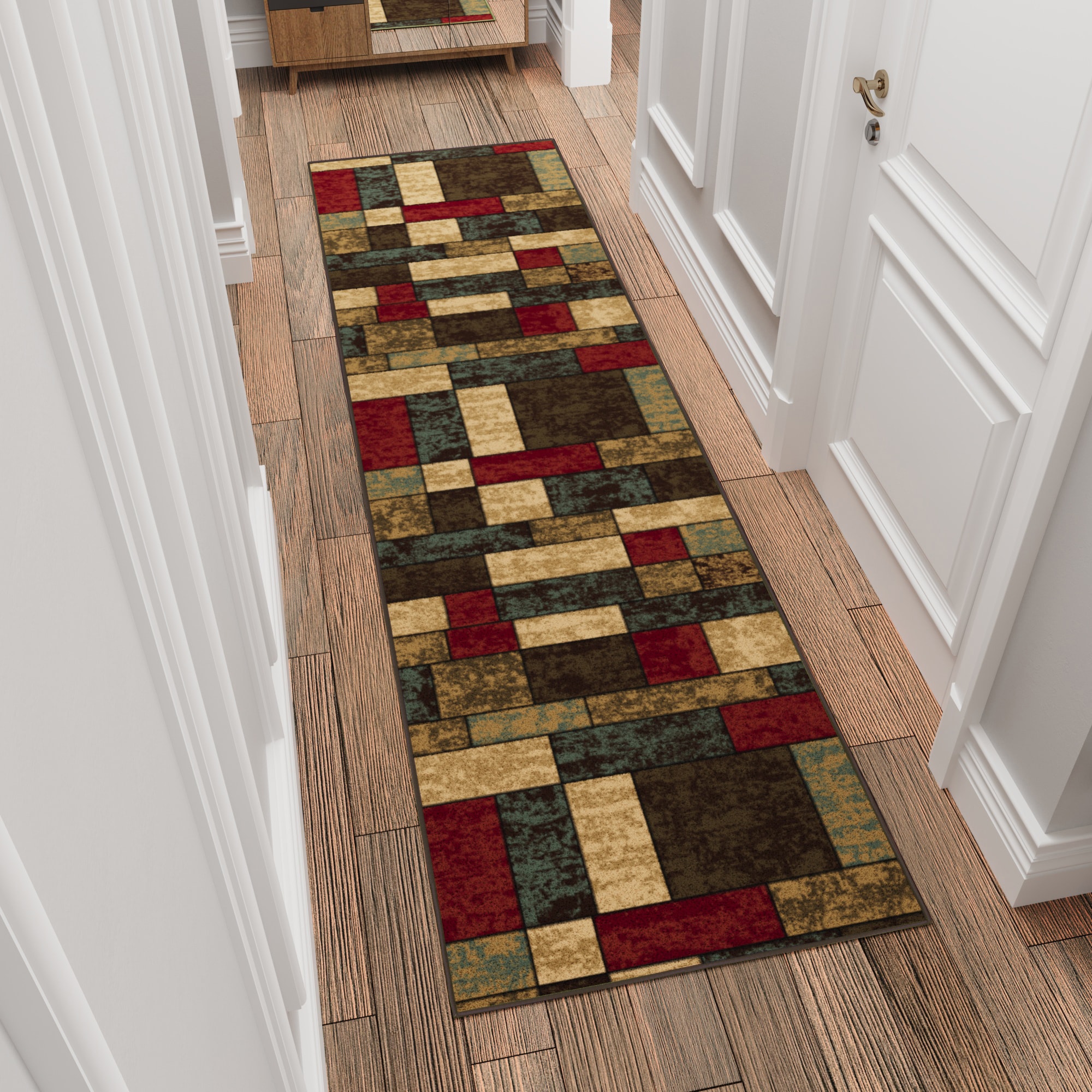 Ottomanson CLS3309-3X10 Hallway Runner 3 x 10 (ft) Loomed Multicolor Green Rectangular Indoor Geometric Pet Friendly Runner rug