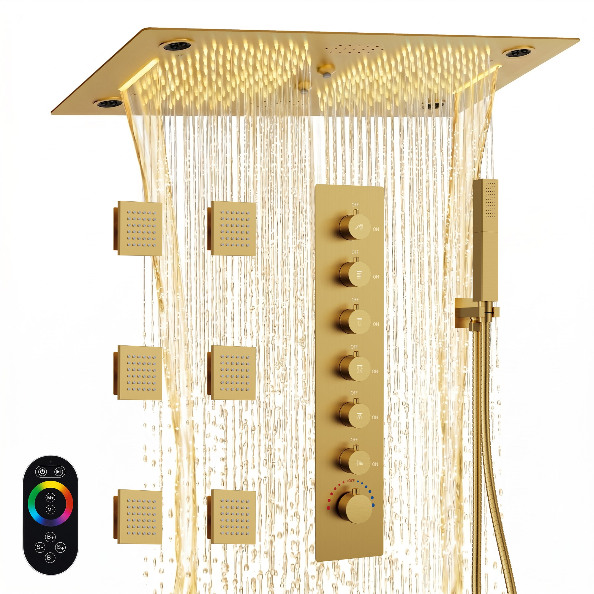 GRANDJOY AuroraMist 28 inches by 16 inches Ceiling Mount 6 Spray 3 Jet Handheld Thermostatic Shower System 2 1/2 GPM Valve Included Brushed Gold