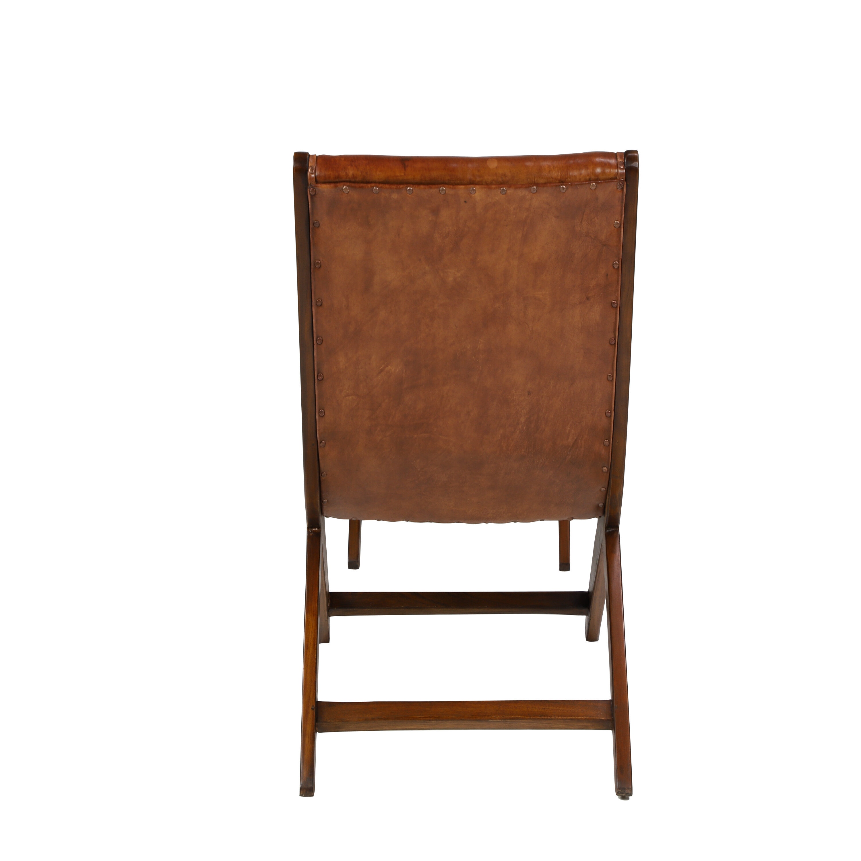 Set of 2 Brown Teak Wood Leather Accent Chairs with Ottoman