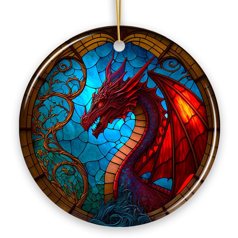 OrnamentallyYou 1165 Fierce Dragon Stained Glass Style Ceramic Ornament Unique Goth Tree Decor