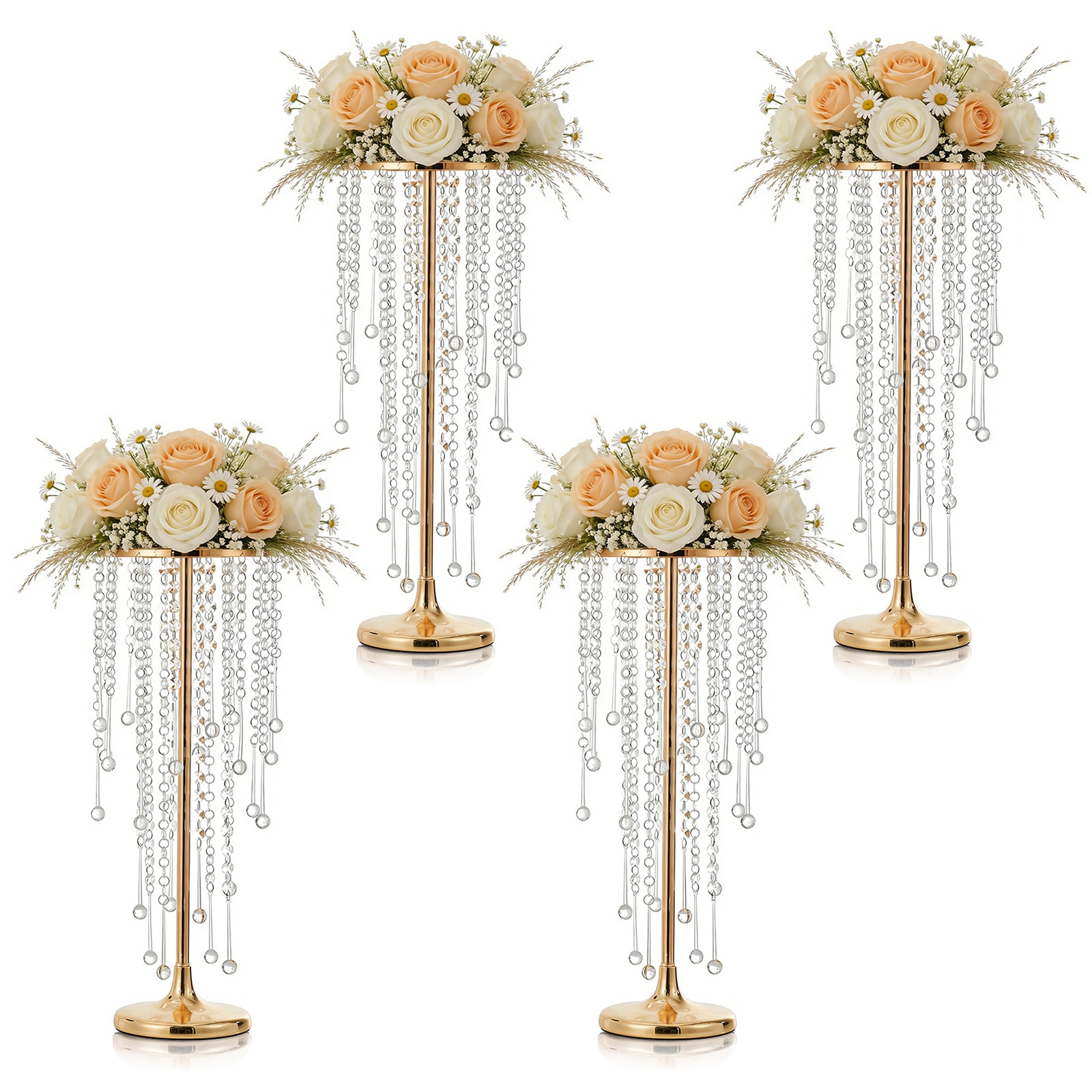 Garvee Elegant Tall Gold Metal Candle Holder Centerpiece with Crystal Beads 4PCS 21.7in Durable Rust-Resistant Vase Ideal for Wedding Table Party Events Home Reception Decor #BY-260205LA21