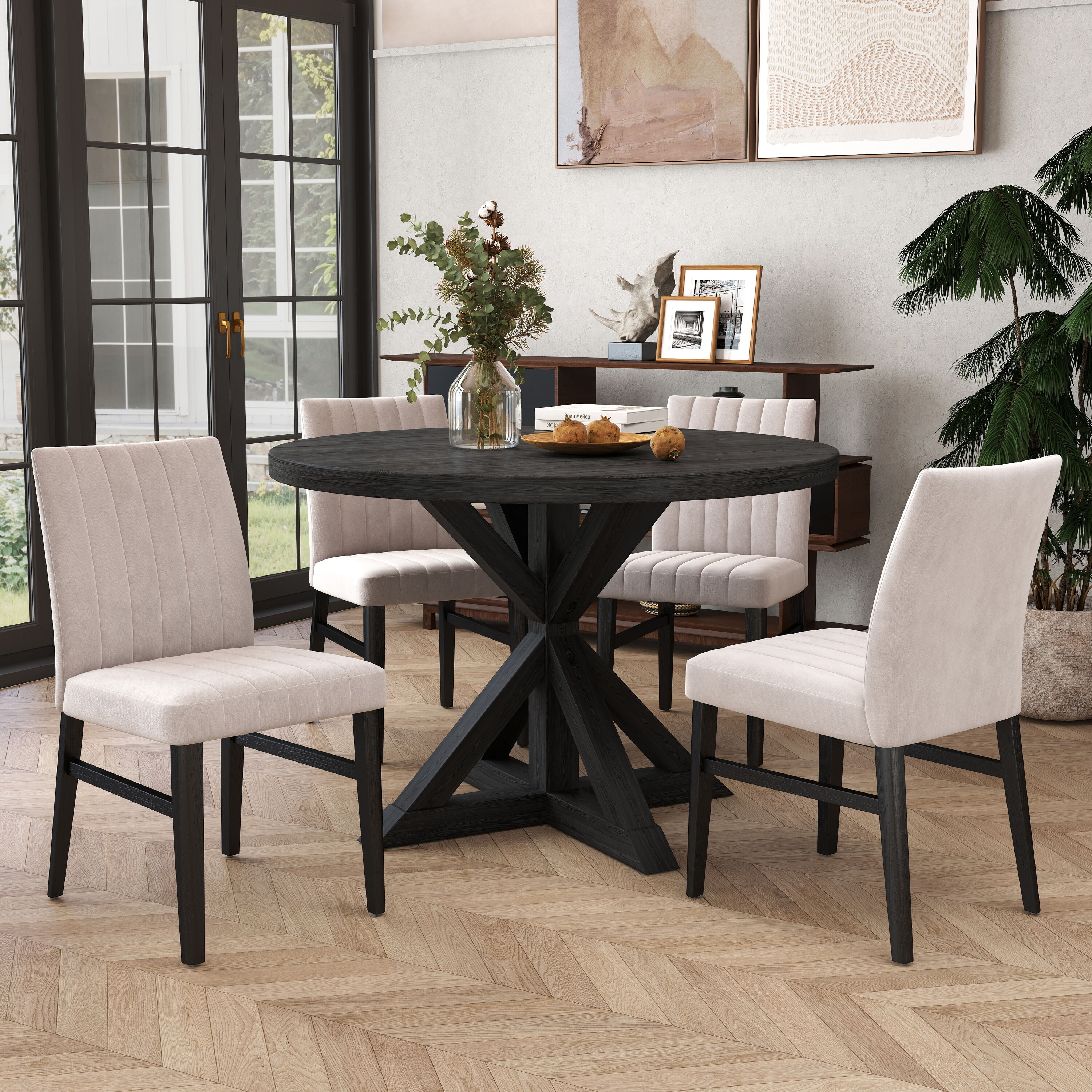 Roundhill Furniture T304-C056TAX2 Waltom Tan Contemporary/Modern Dining Room Set with Round Table ( Seats 4 )
